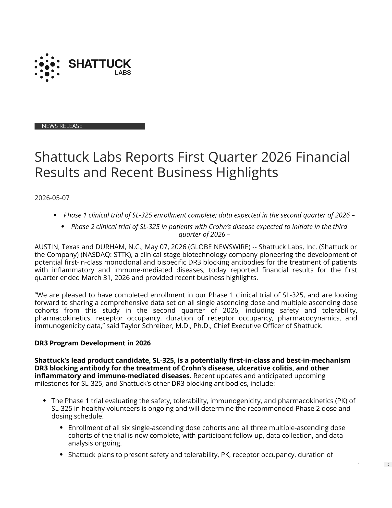 Shattuck Labs' Q1 2026 Press Release