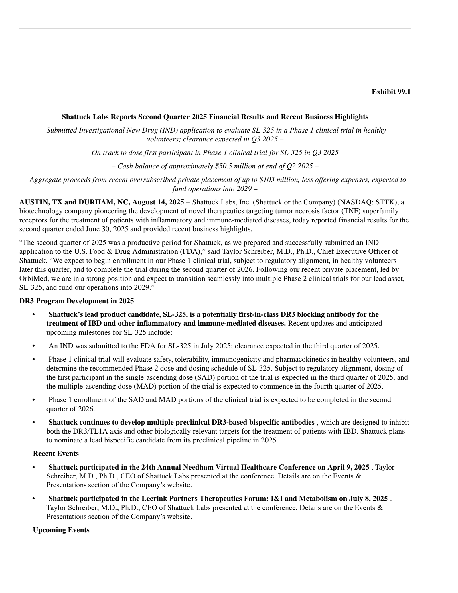 Shattuck Labs' Q2 2025 Press Release