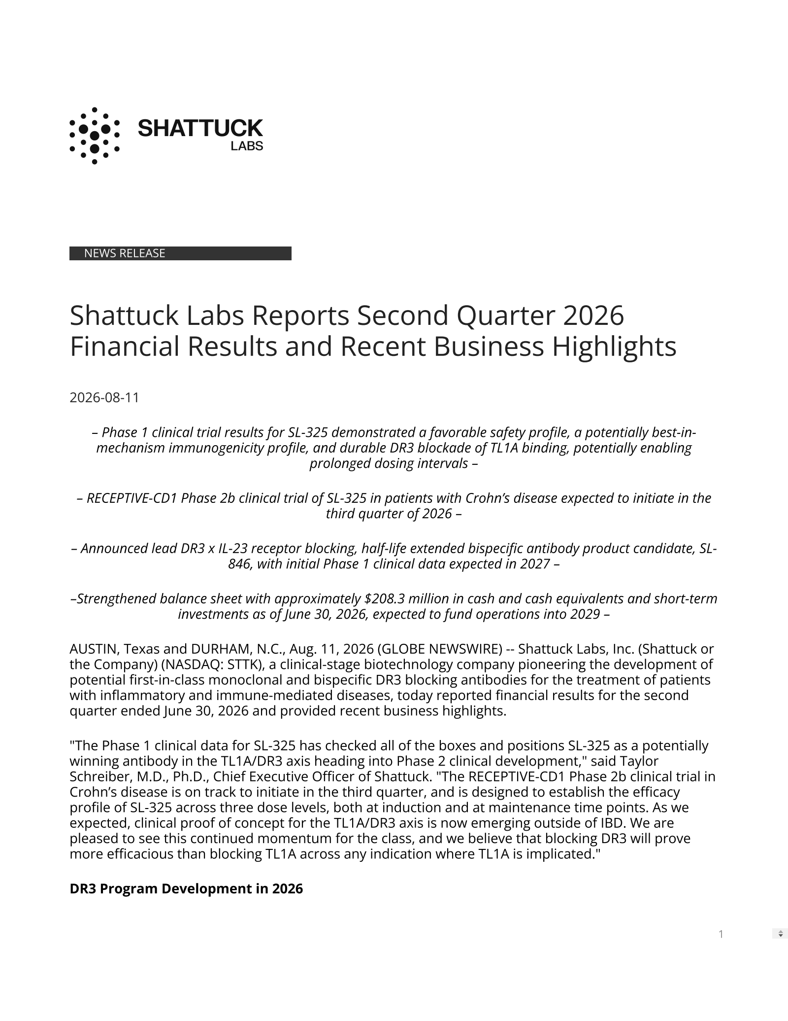 Shattuck Labs' Q2 2026 Press Release