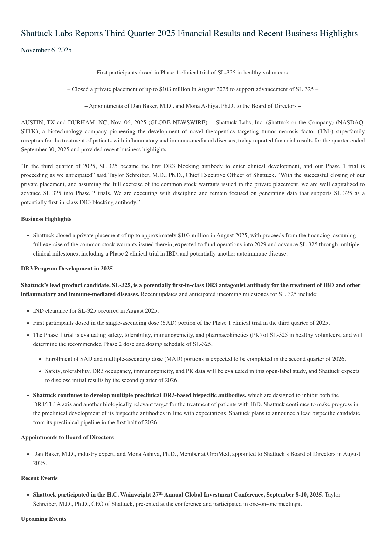 Shattuck Labs' Q3 2025 Earnings Release