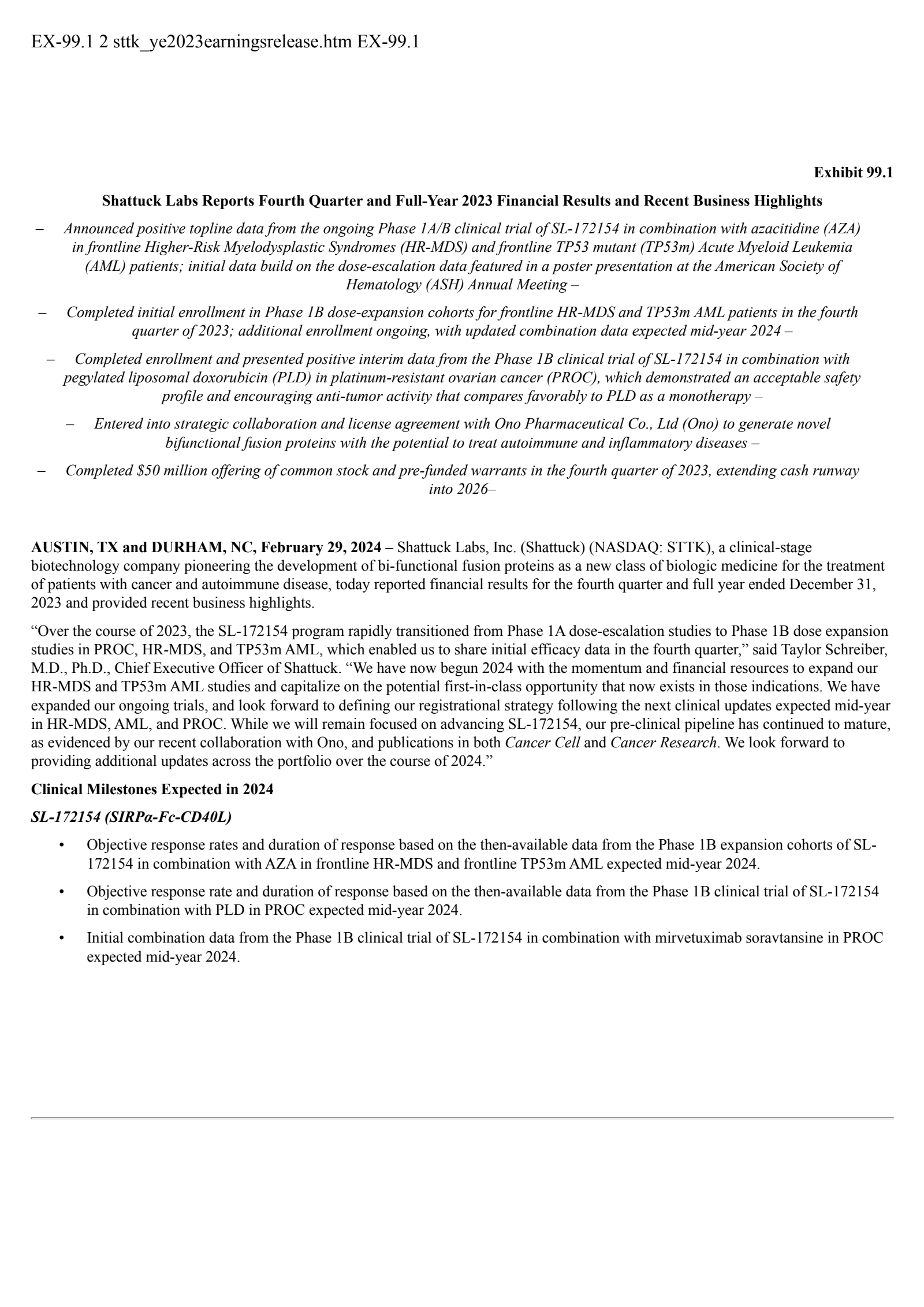 Shattuck Labs' Q4 2023 Press Release