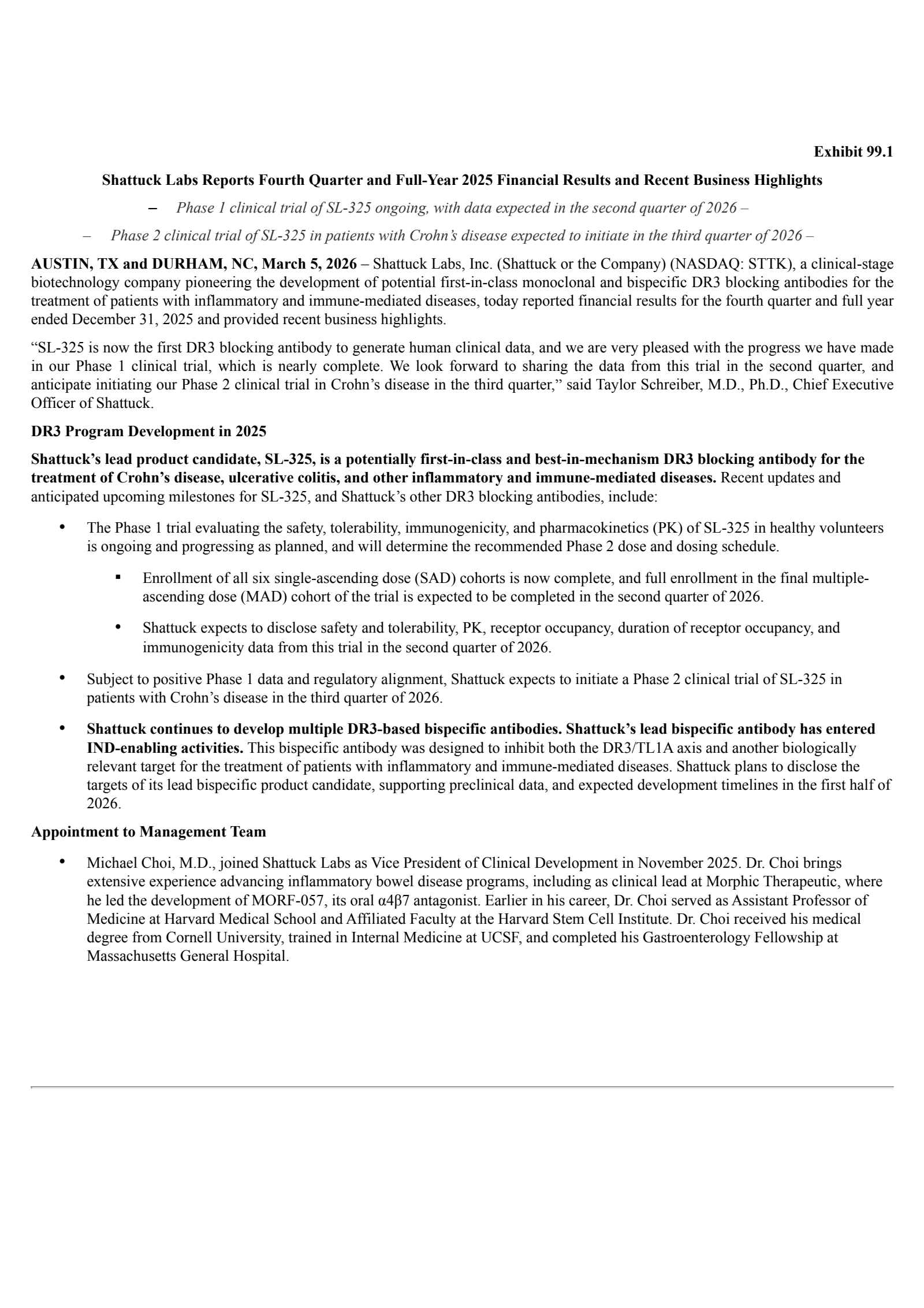 Shattuck Labs' Q4 2025 Press Release