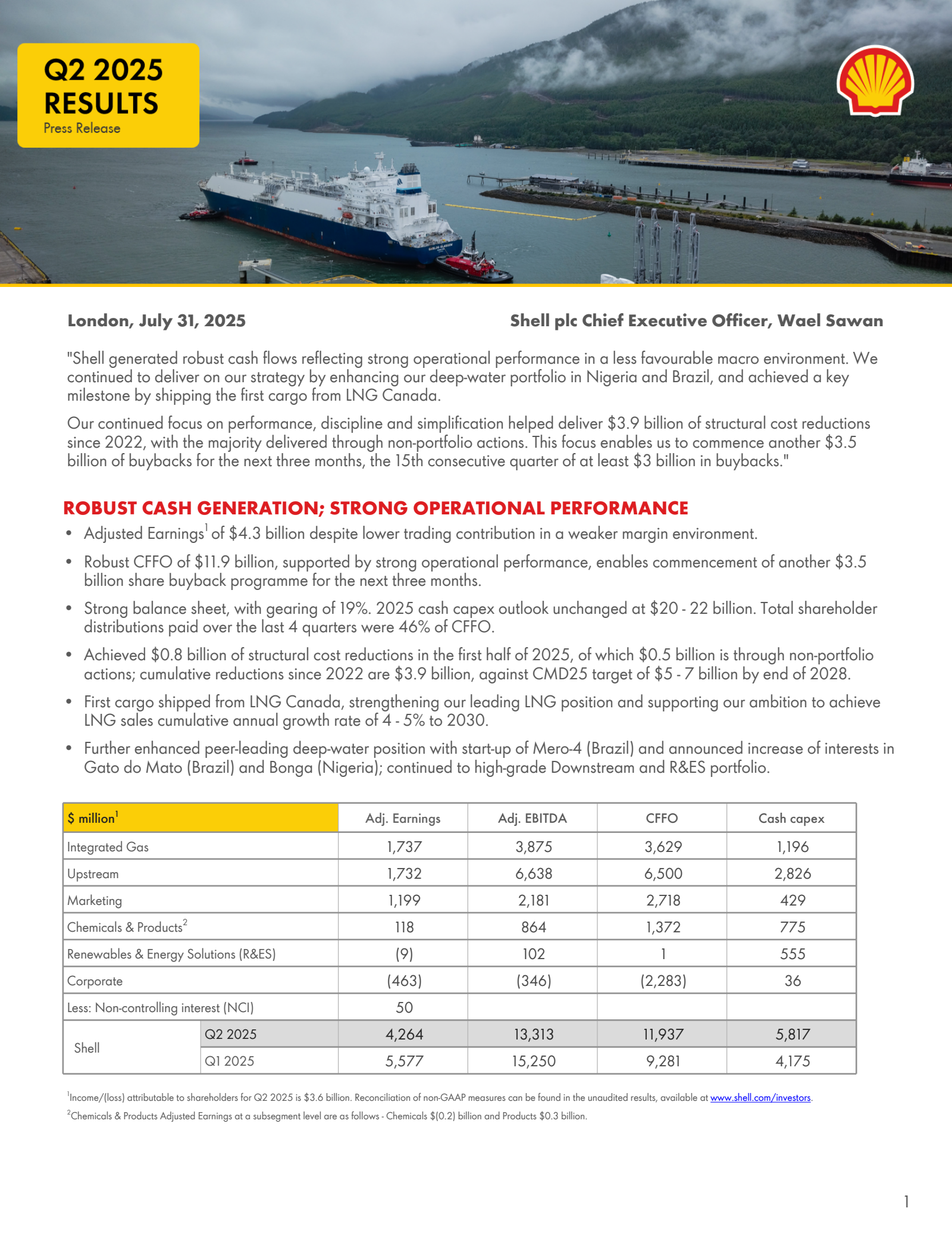 Shell's Q2 2025 Press Release