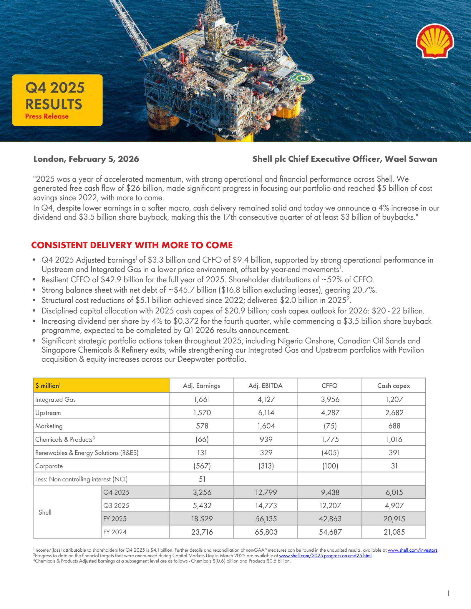 Shell's Q4 2025 Press Release