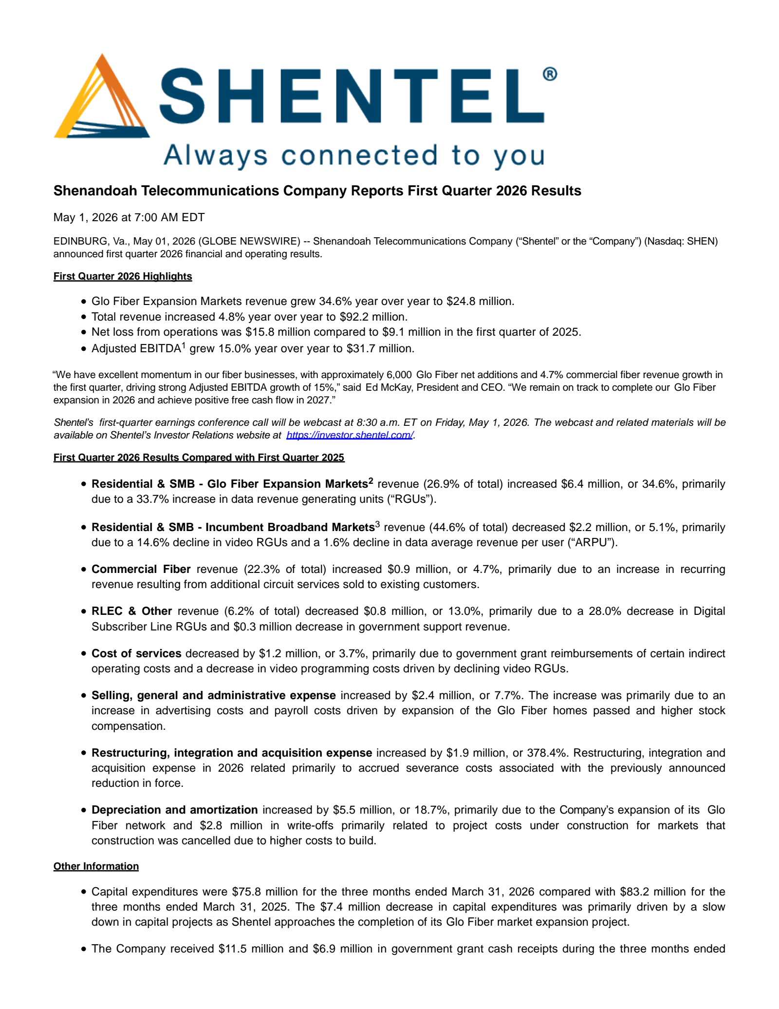 Shenandoah Telecommunications' Q1 2026 Press Release