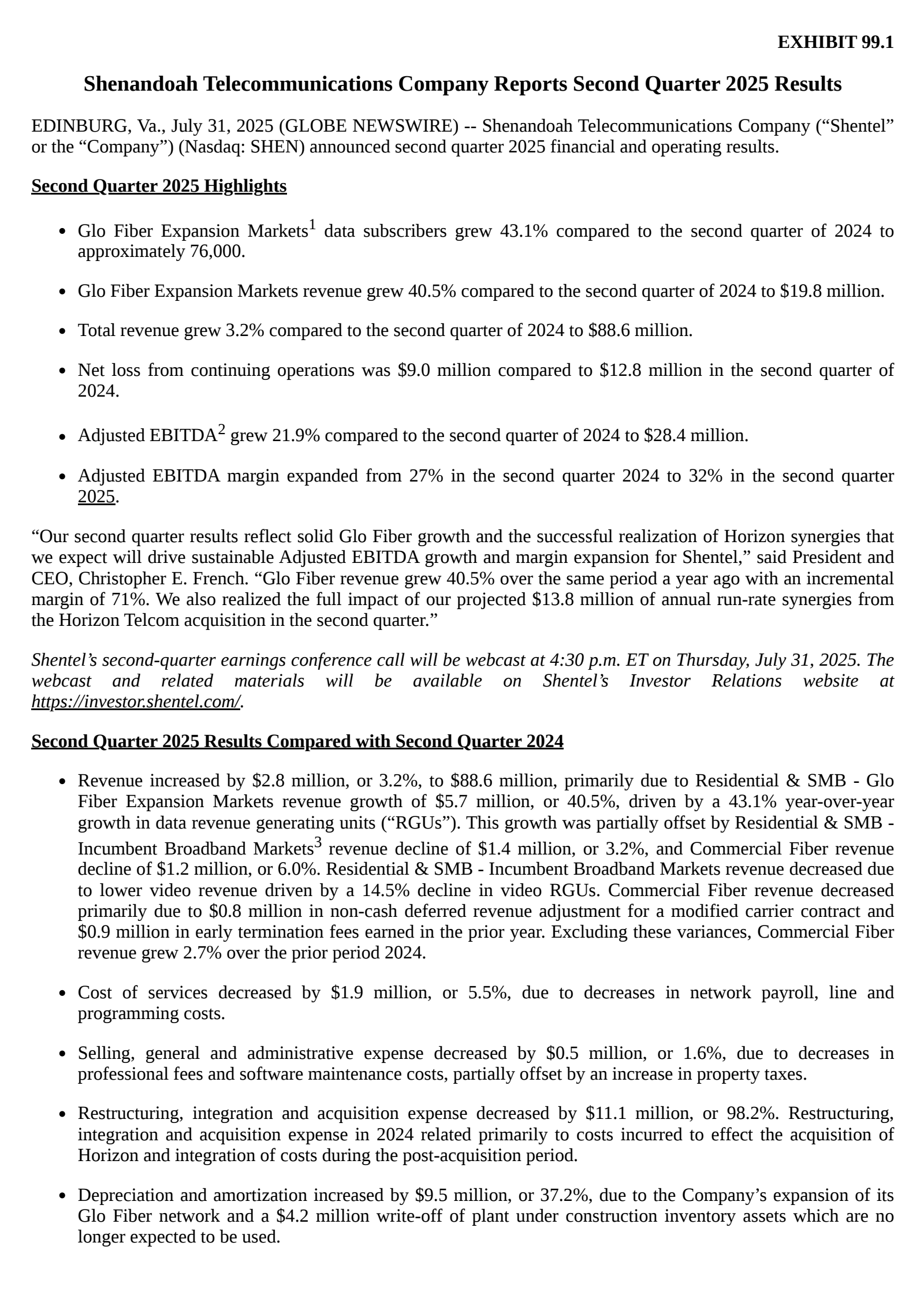 Shenandoah Telecommunications' Q2 2025 Press Release