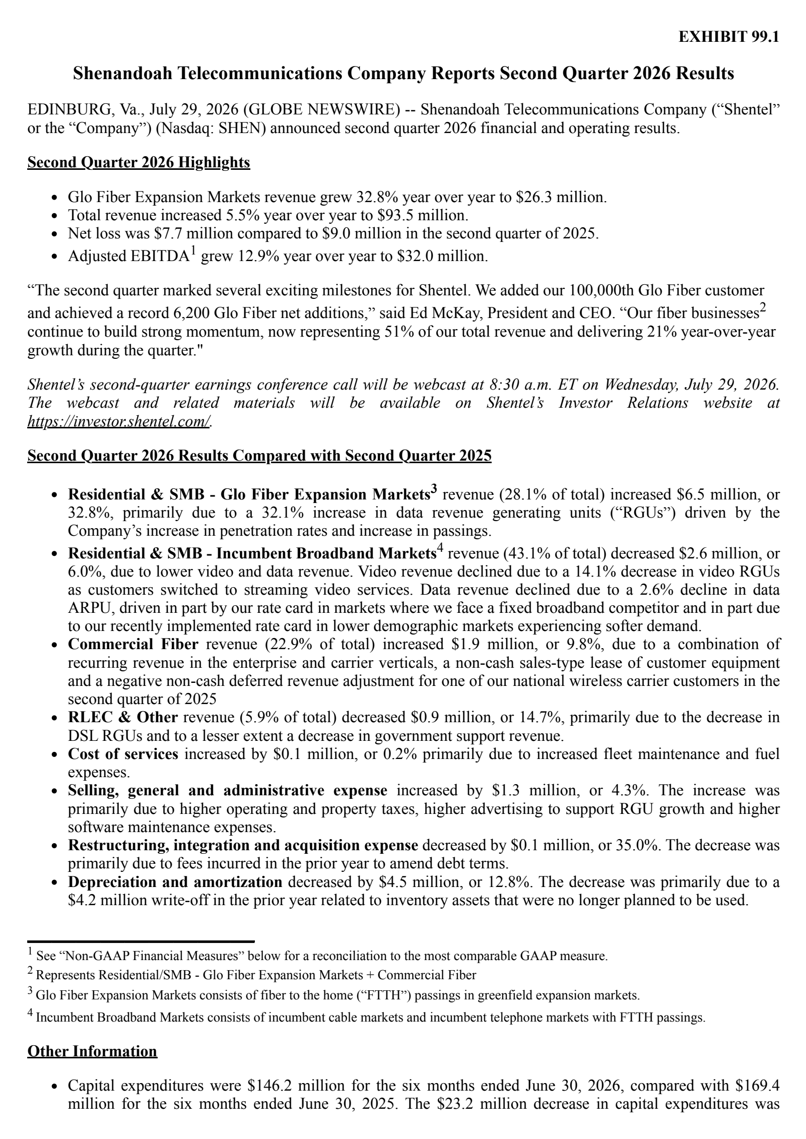 Shenandoah Telecommunications' Q2 2026 Press Release
