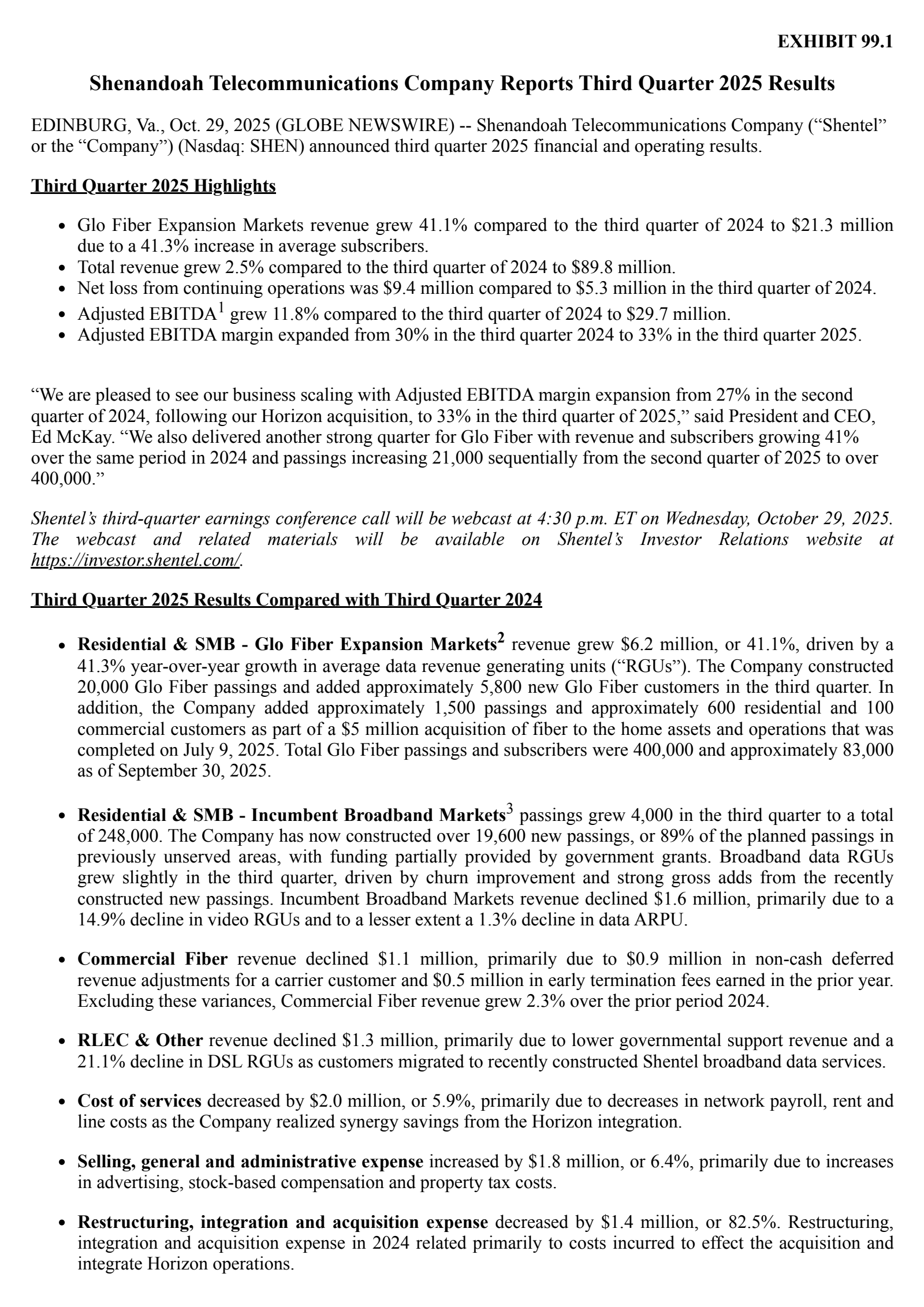 Shenandoah Telecommunications' Q3 2025 Earnings Release