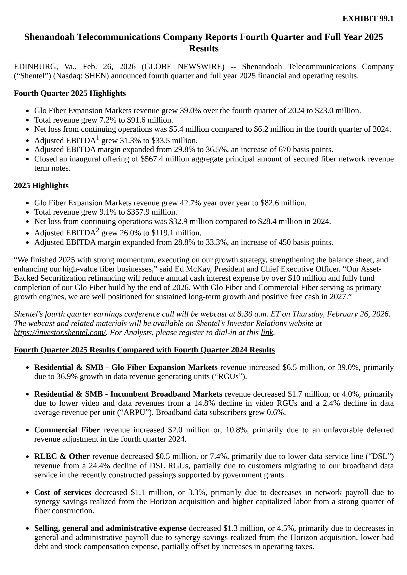 Shenandoah Telecommunications' Q4 2025 Press Release