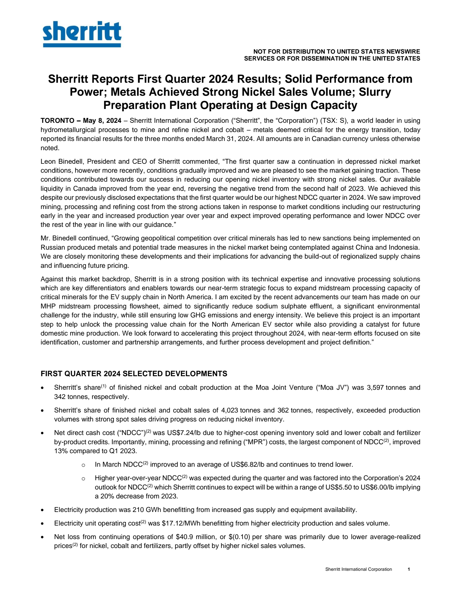 Sherritt International's Q1 2024 Interim report