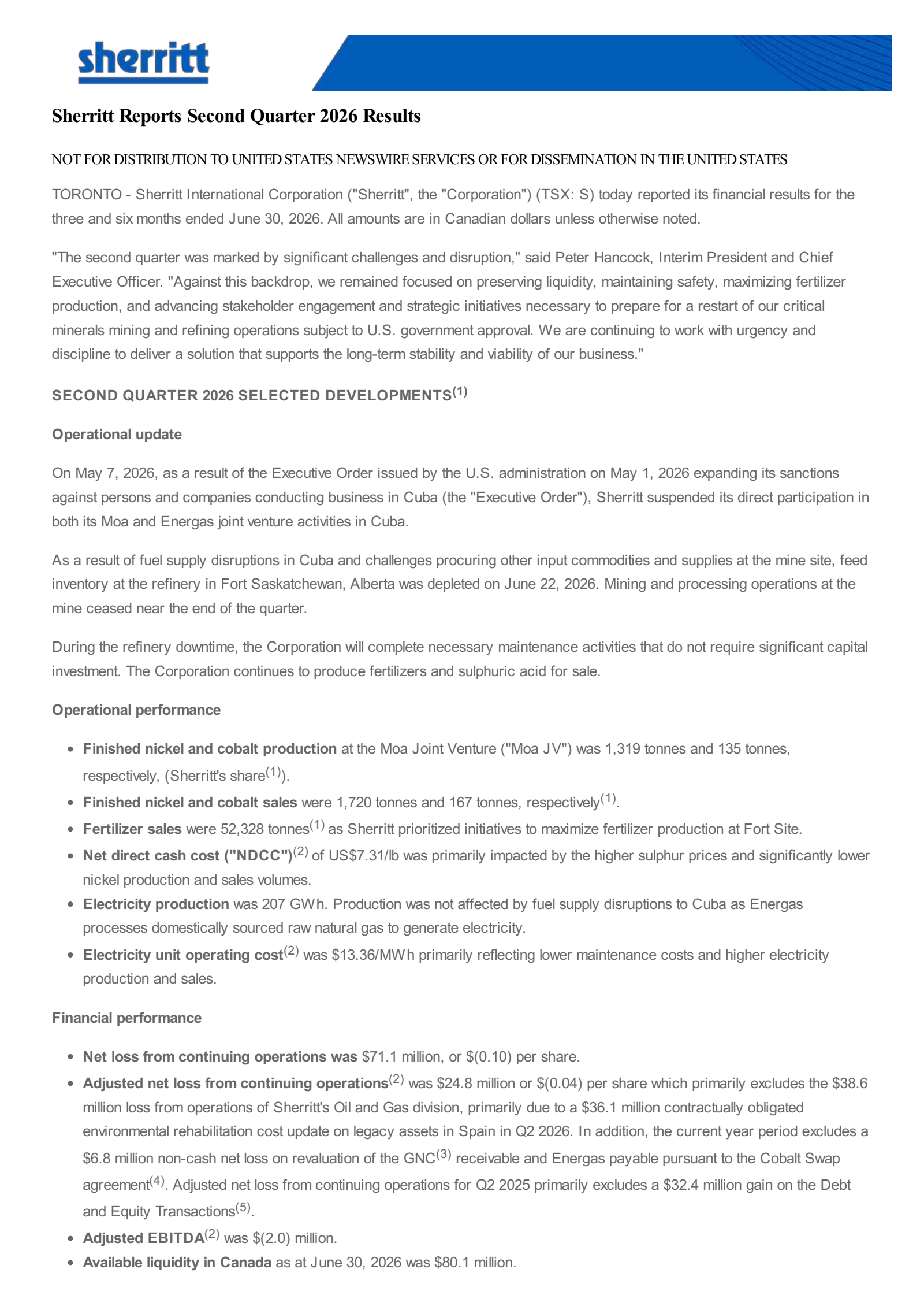 Sherritt International's Q2 2026 Press Release