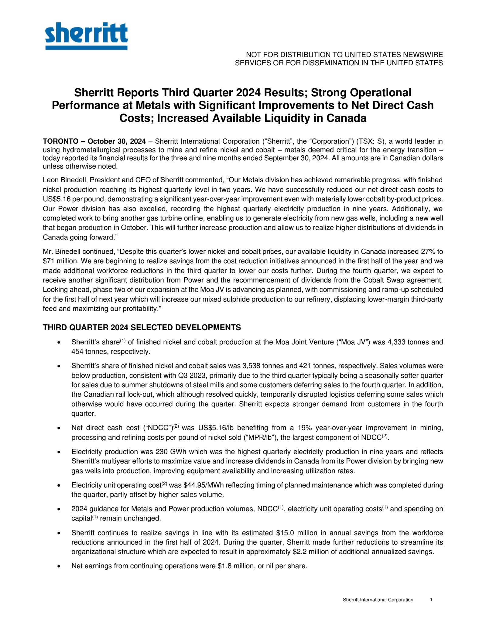 Sherritt International's Q3 2024 Press Release