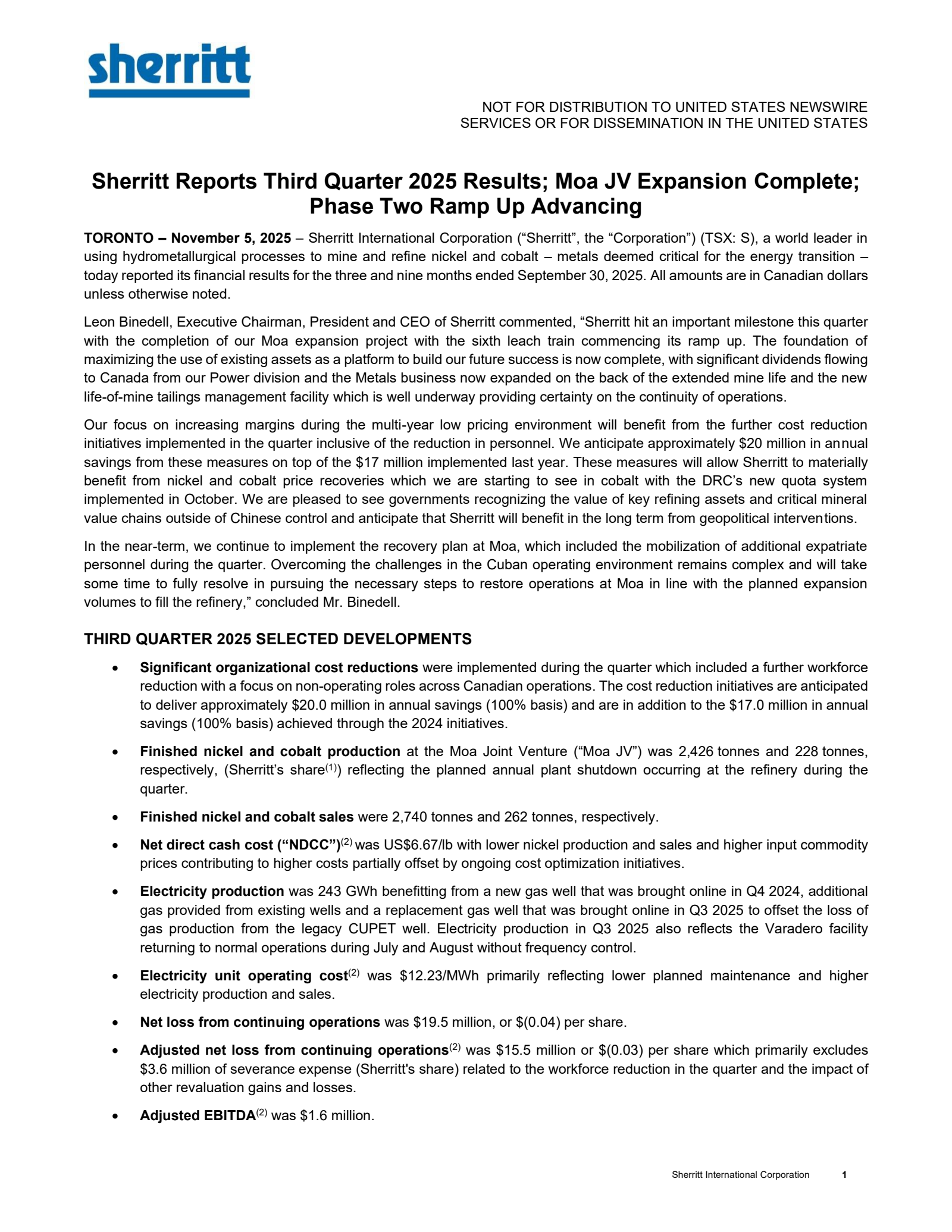 Sherritt International's Q3 2025 Press Release