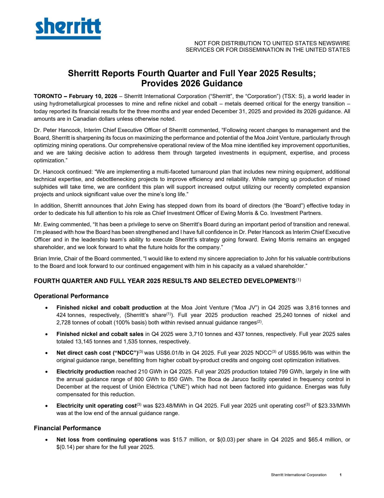Sherritt International's Q4 2025 Press Release