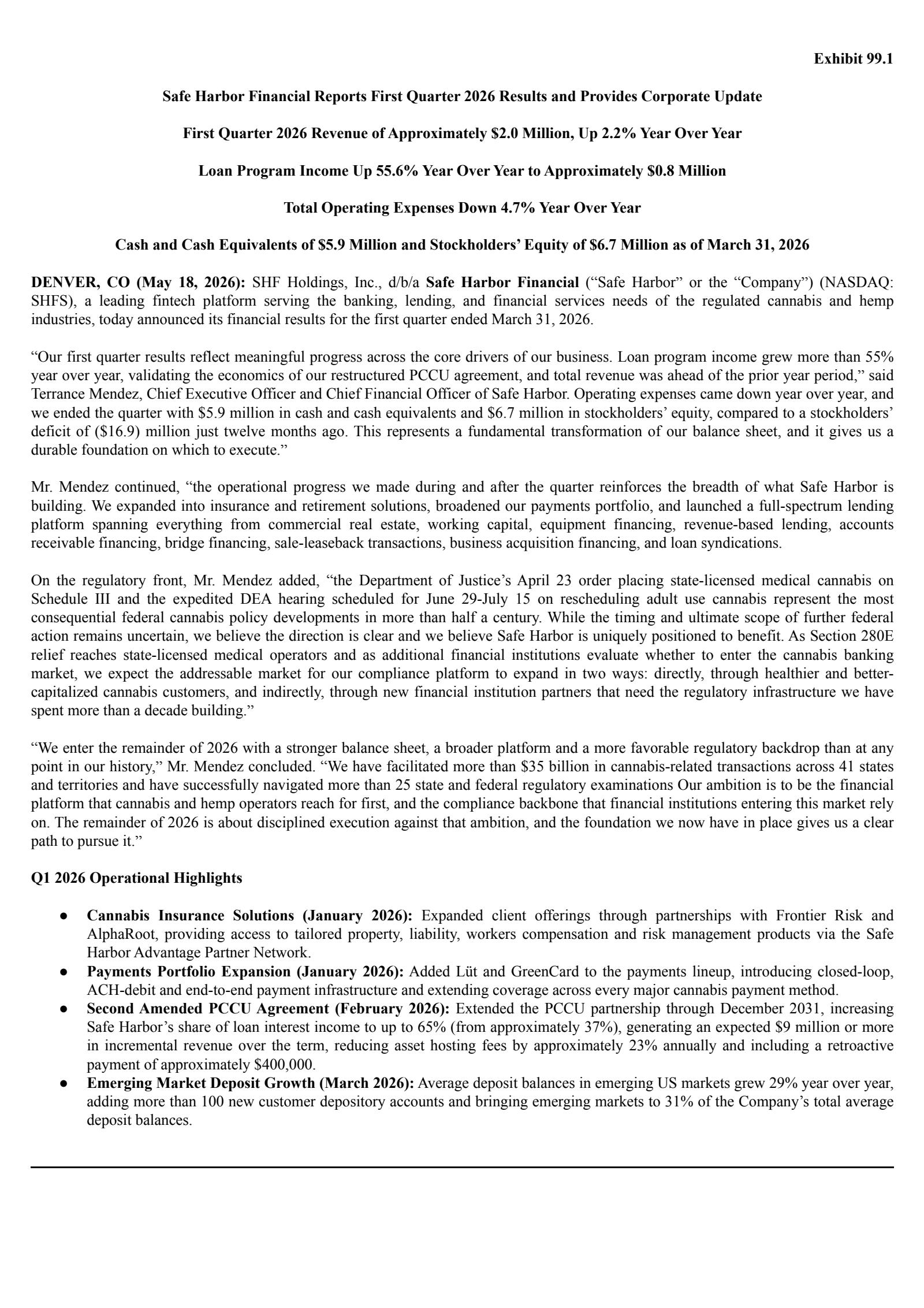 SHF's Q1 2026 Press Release