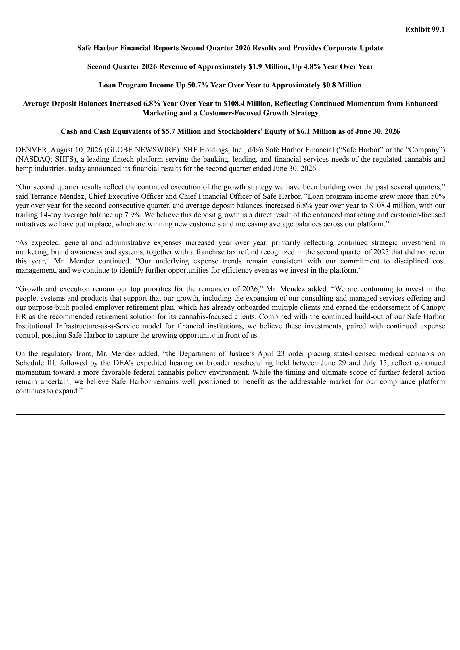 SHF's Q2 2026 Press Release
