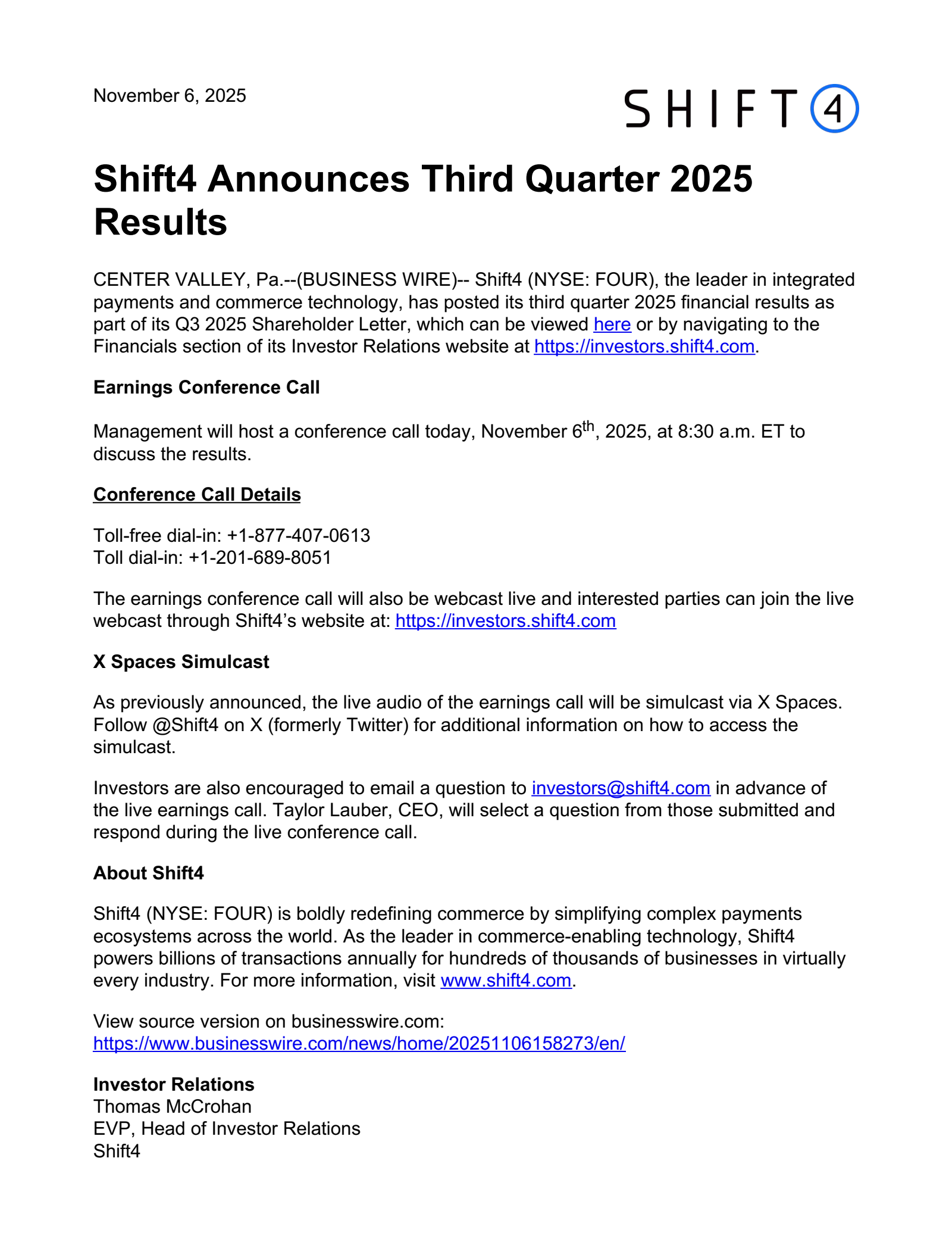 Shift4 Payments' Q3 2025 Earnings Release