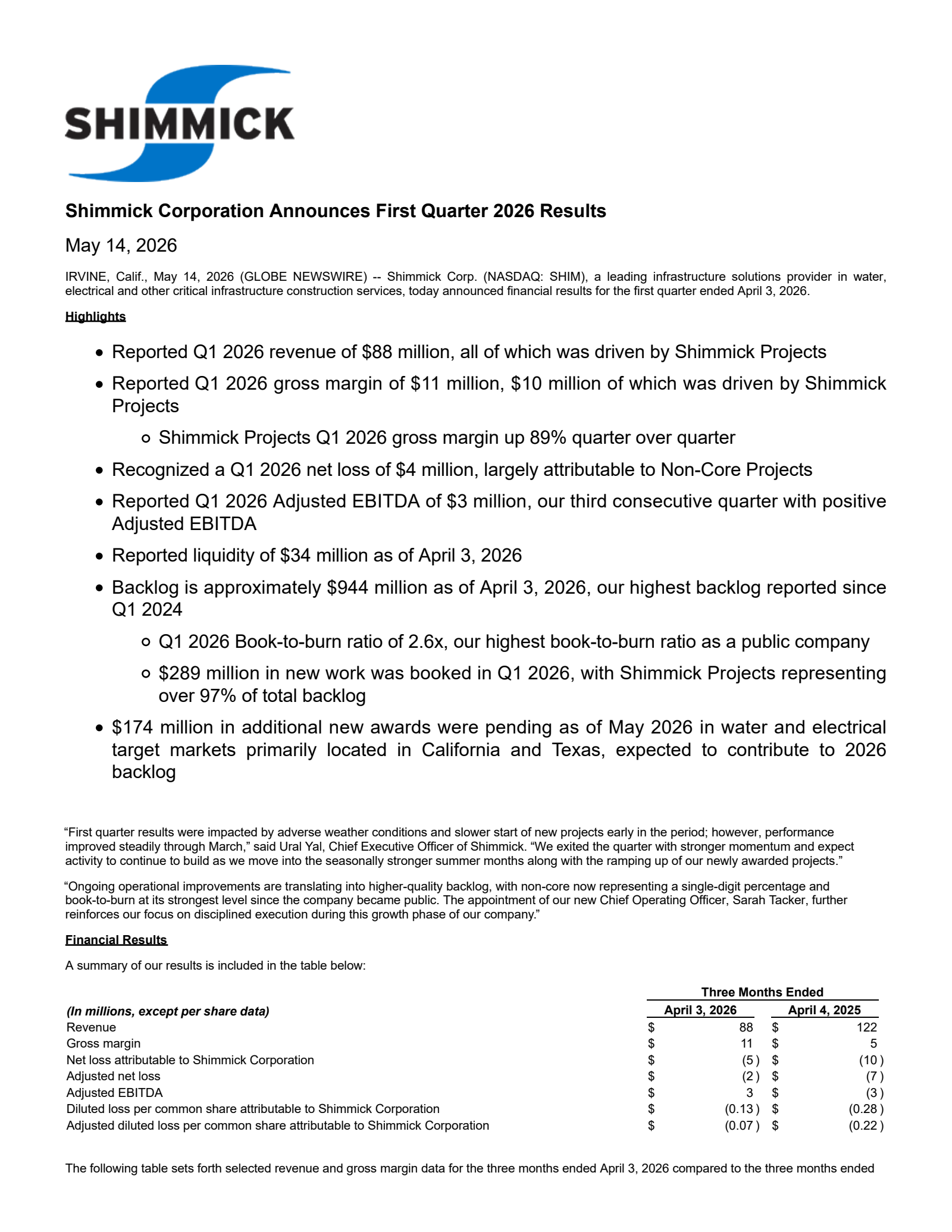 Shimmick's Q1 2026 Press Release