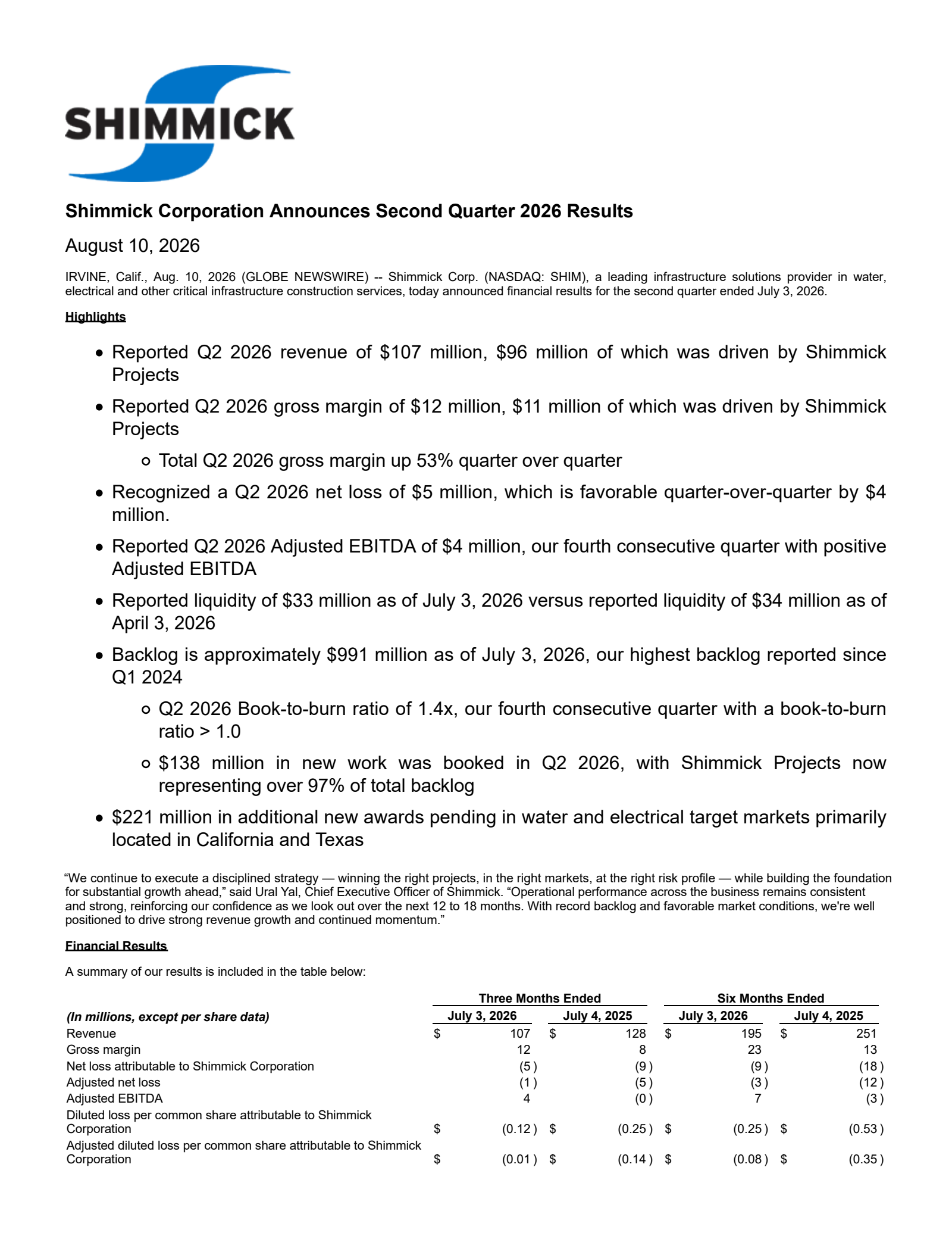 Shimmick's Q2 2026 Press Release