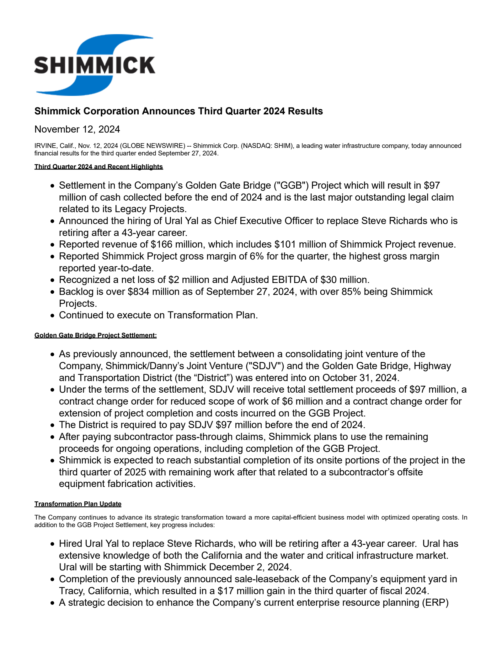 Shimmick's Q3 2024 Press Release