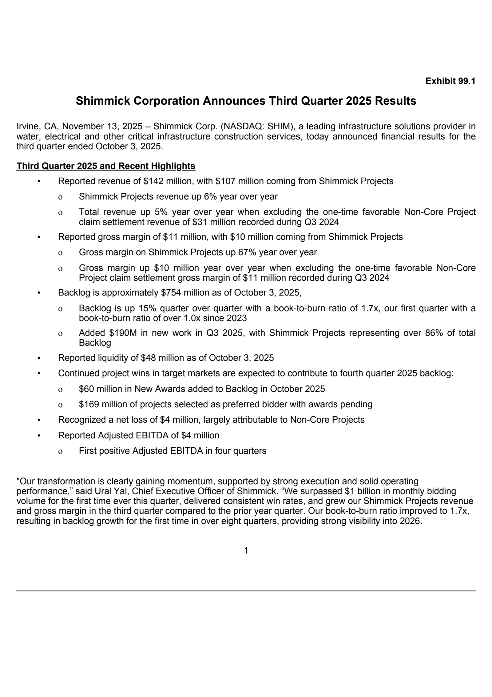 Shimmick's Q3 2025 Earnings Release