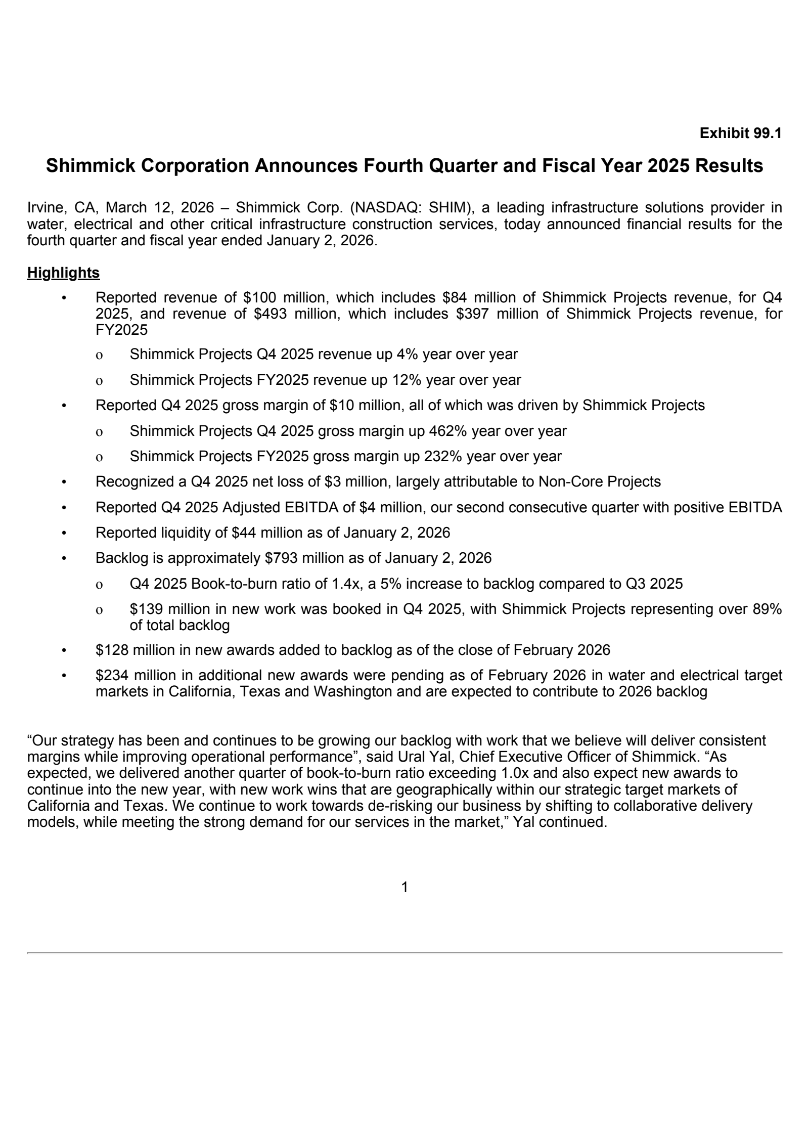Shimmick's Q4 2025 Press Release