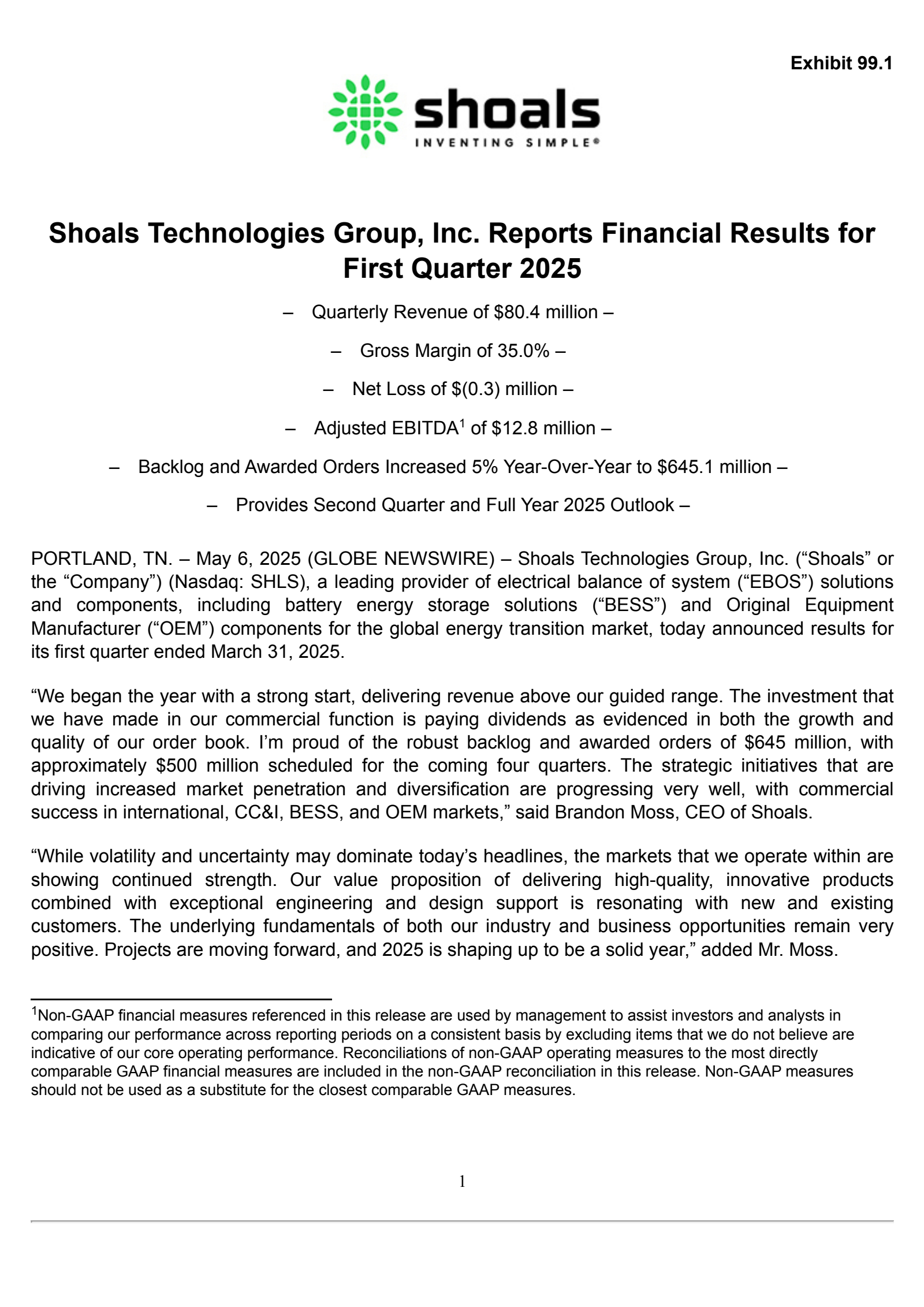 Shoals Technologies Group's Q1 2025 Press Release