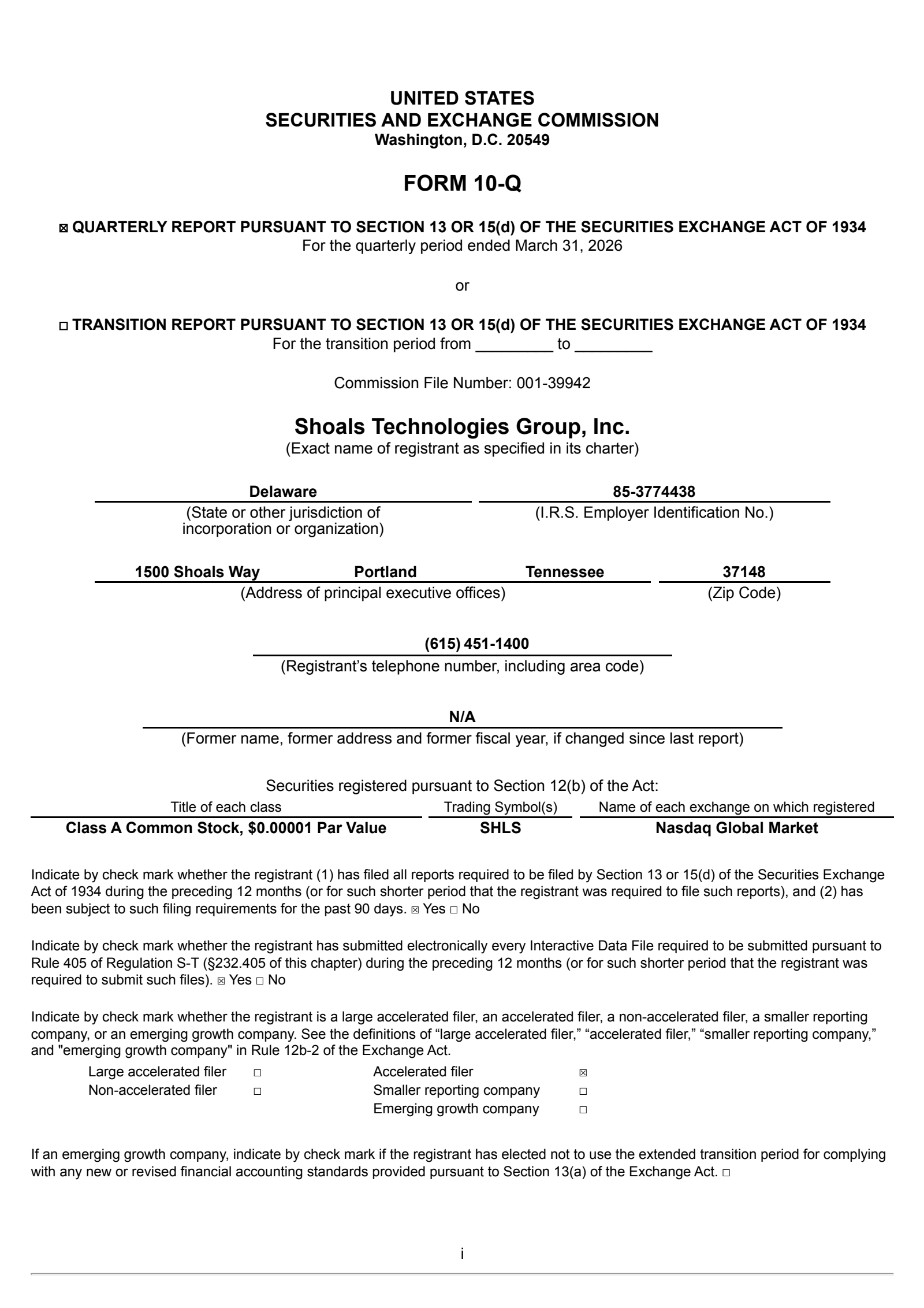 Shoals Technologies Group's Q1 2026 Quarterly report