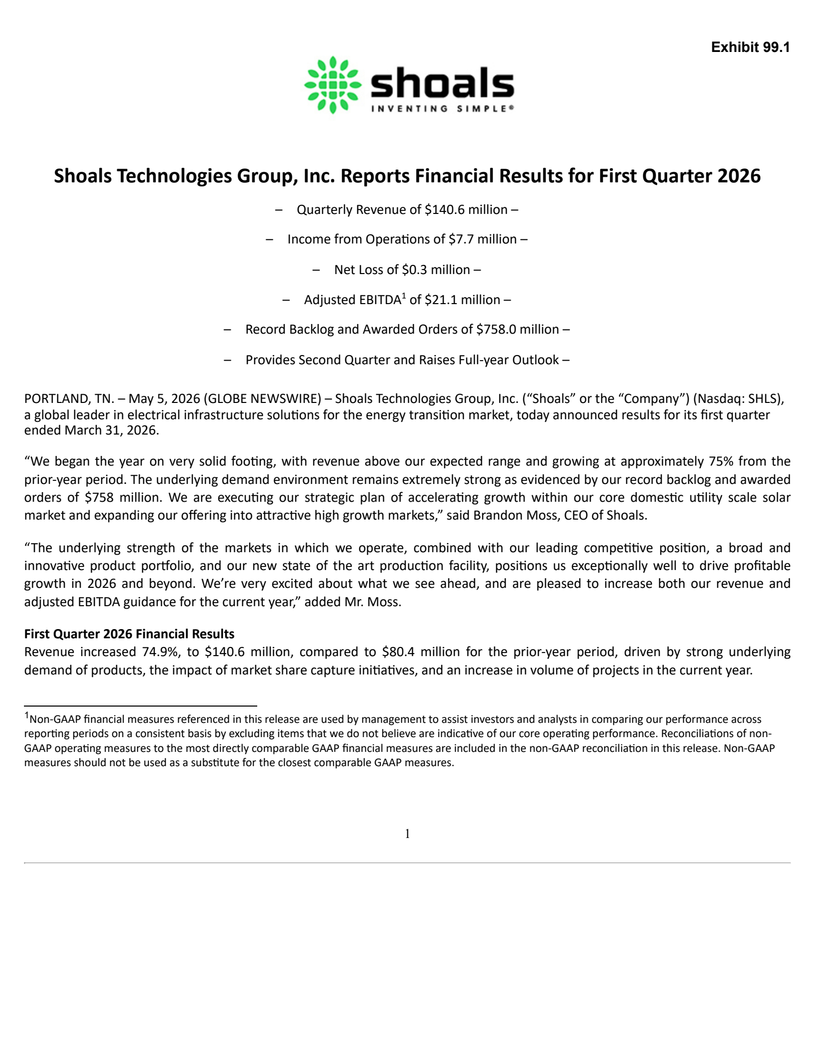 Shoals Technologies Group's Q1 2026 Press Release
