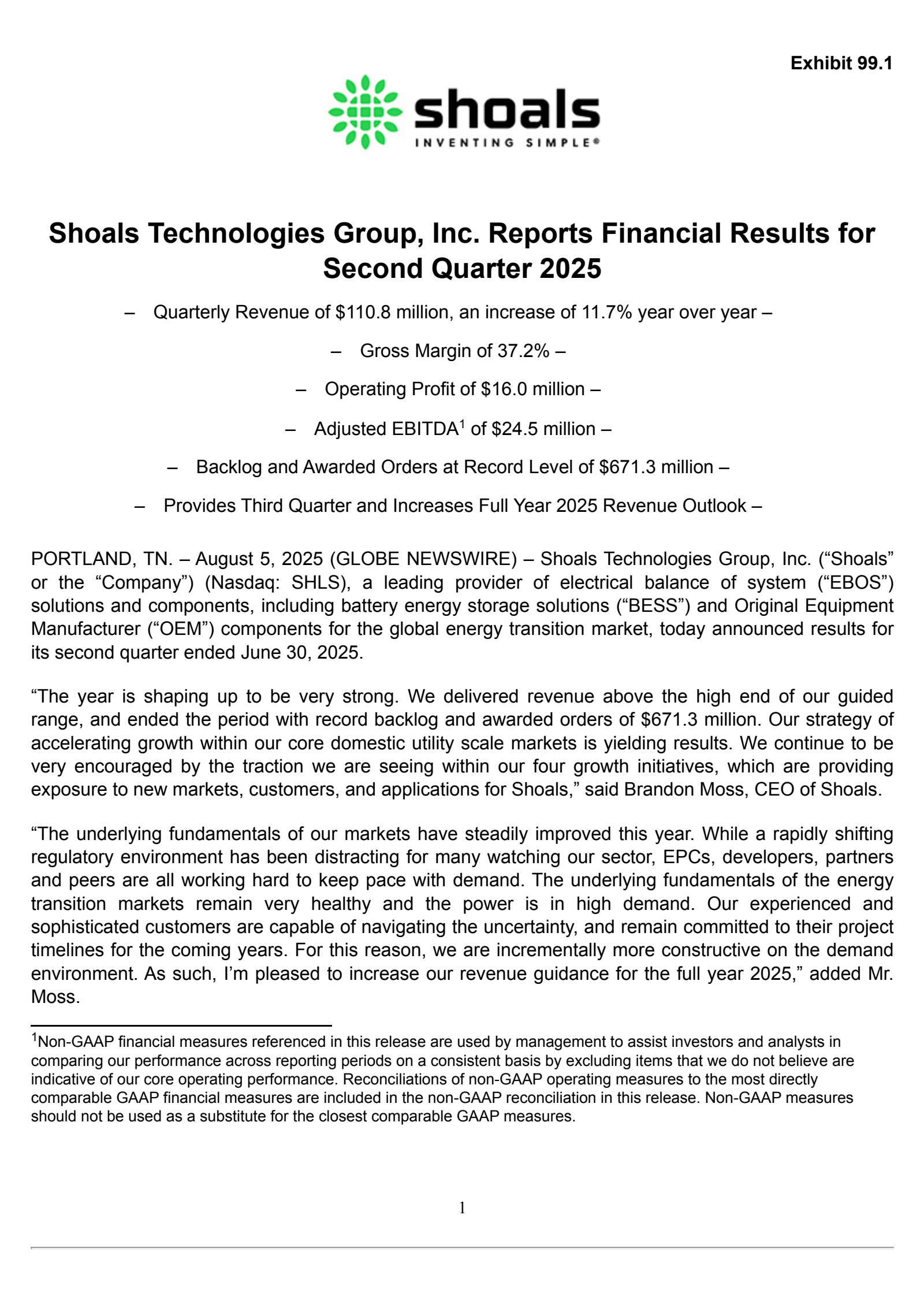 Shoals Technologies Group's Q2 2025 Press Release