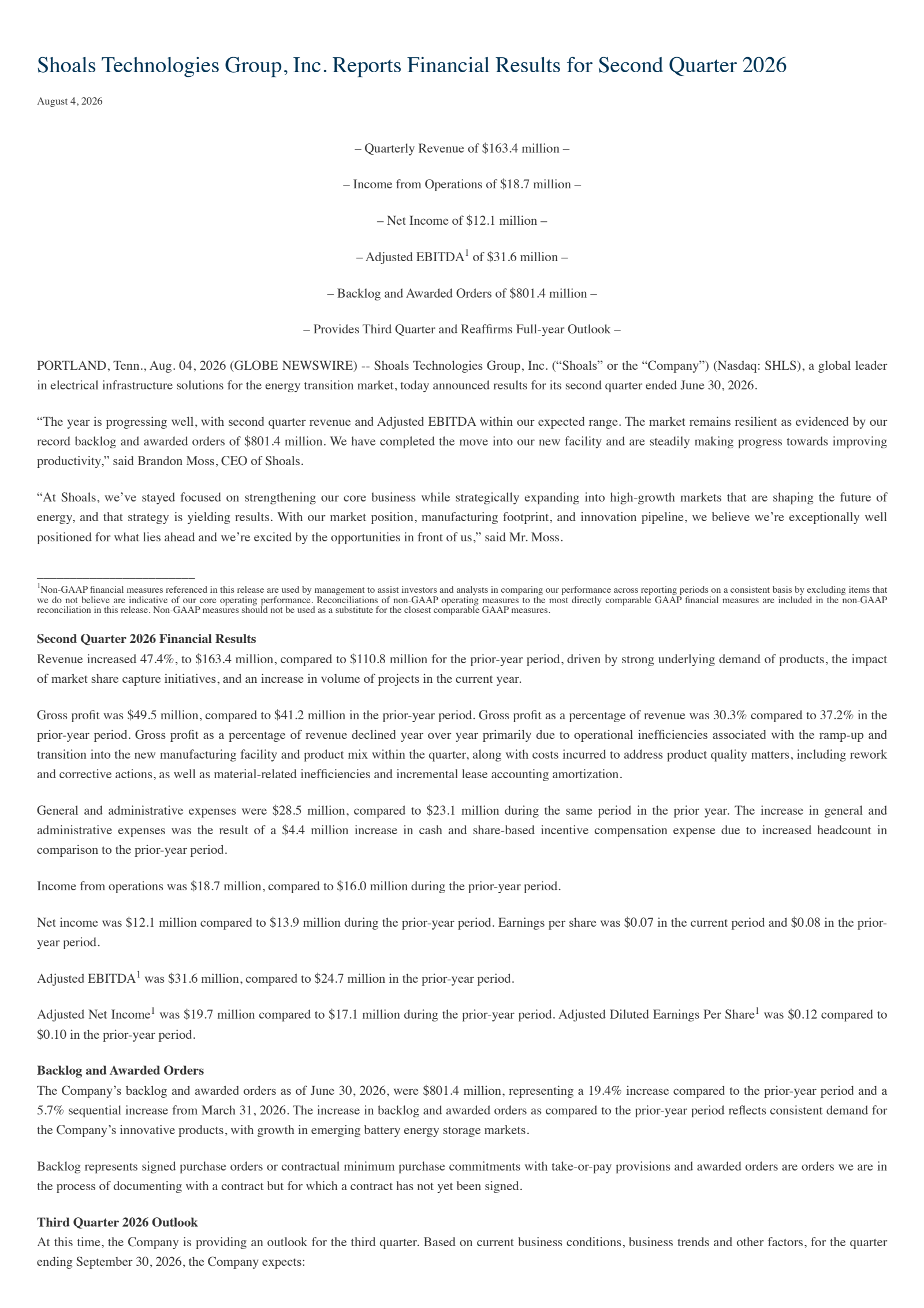Shoals Technologies Group's Q2 2026 Press Release