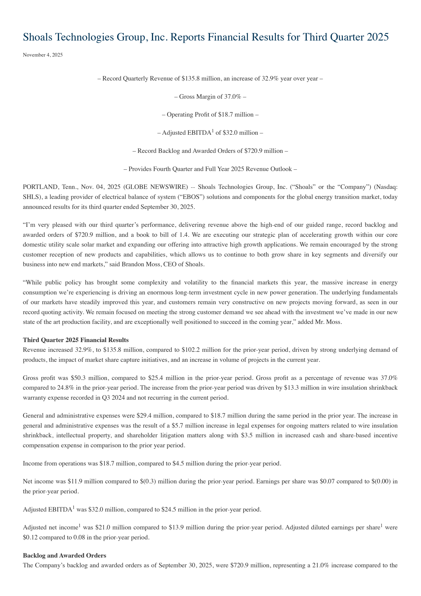 Shoals Technologies Group's Q3 2025 Earnings Release