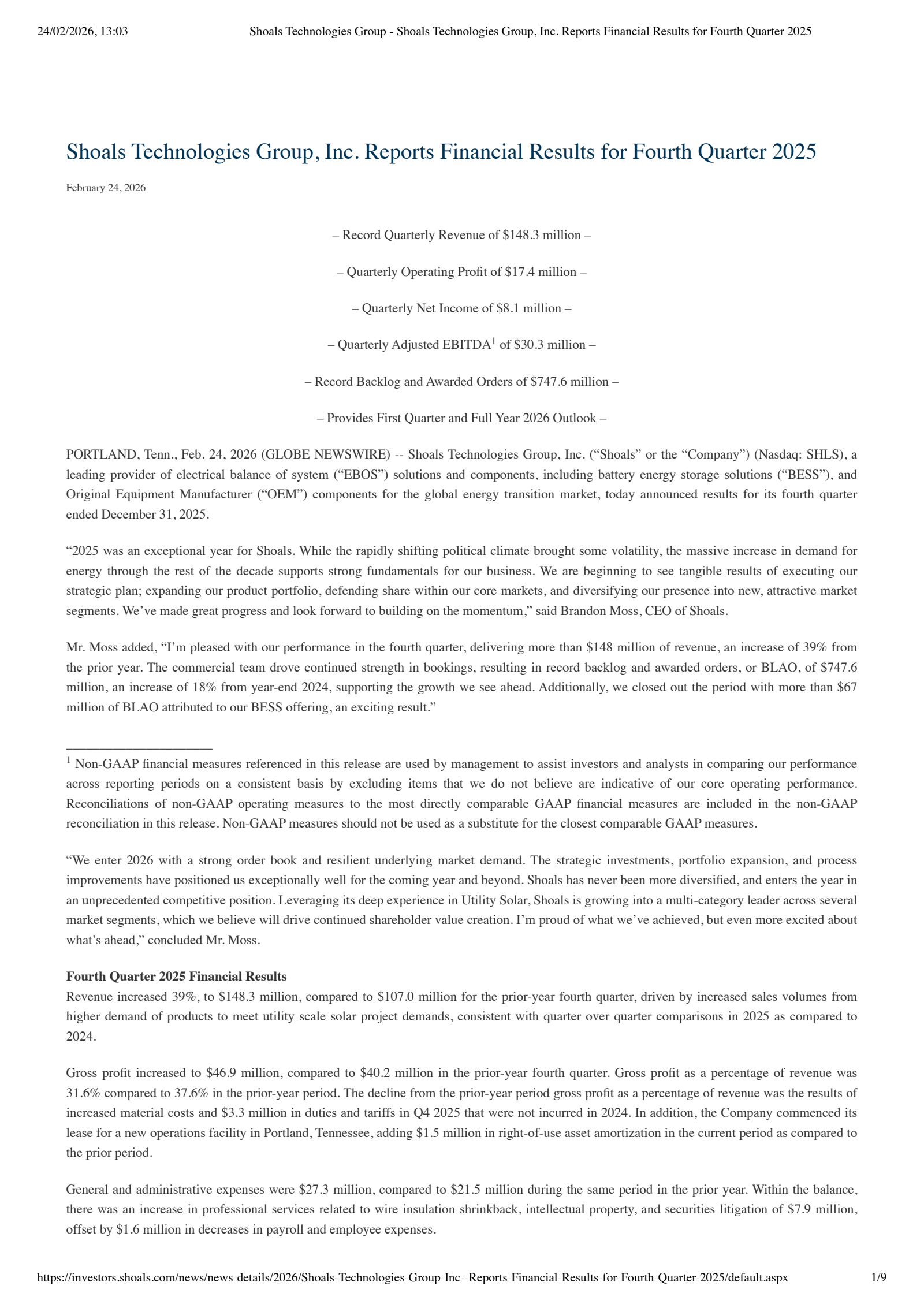 Shoals Technologies Group's Q4 2025 Press Release