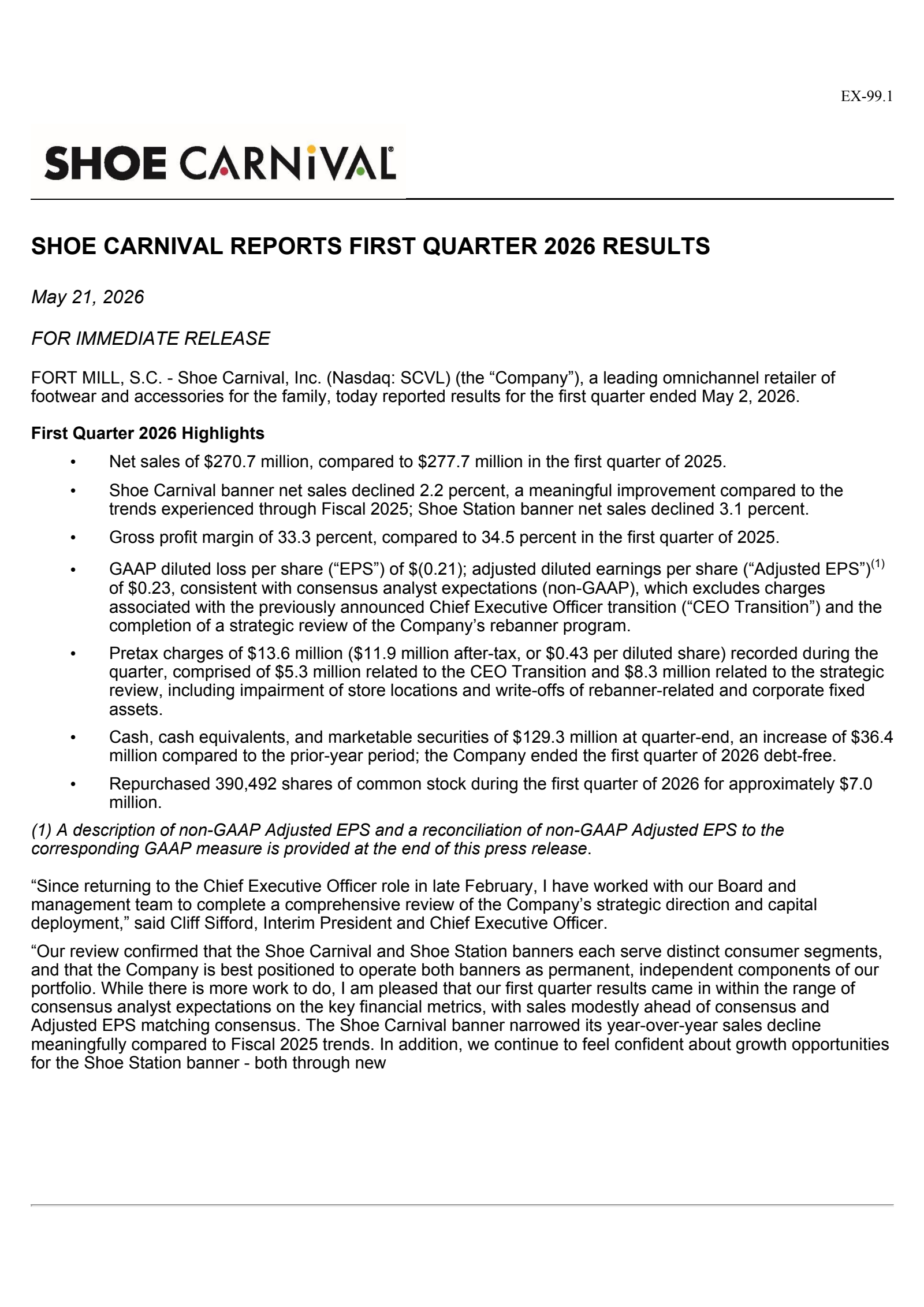 Shoe Carnival's Q1 2026 Press Release