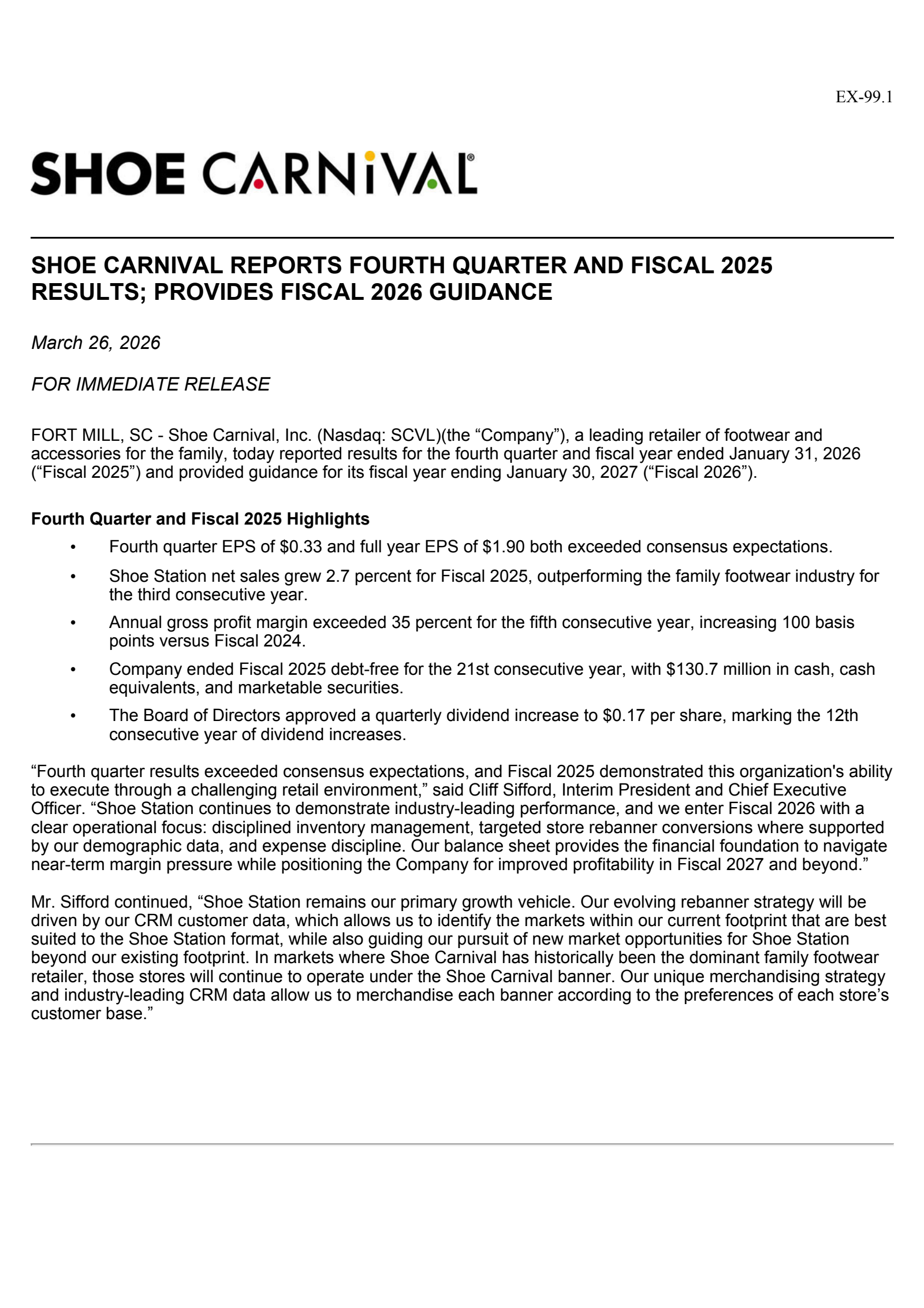 Shoe Carnival's Q4 2025 Press Release