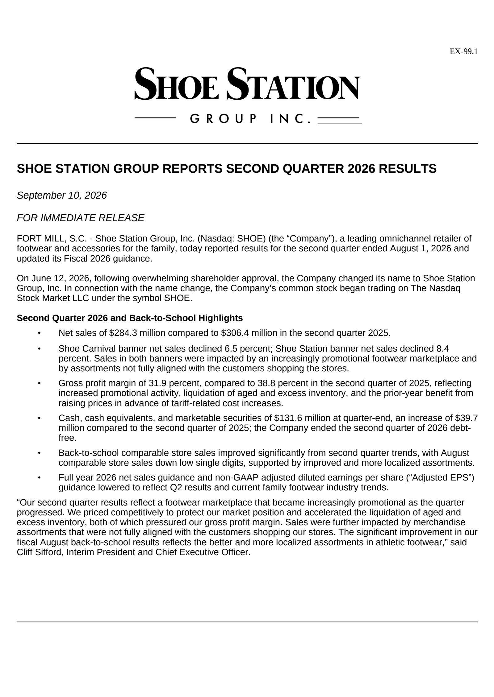 Shoe Carnival's Q2 2027 Press Release