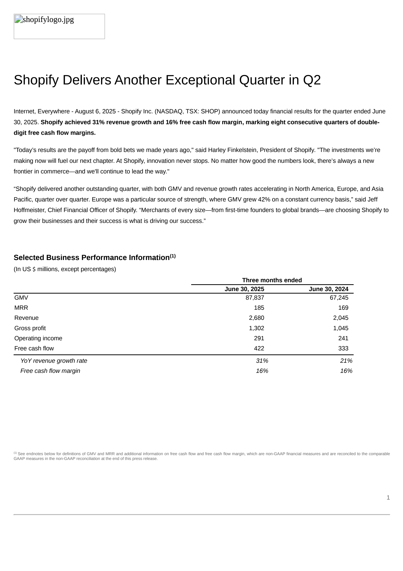 Shopify's Q2 2025 Press Release