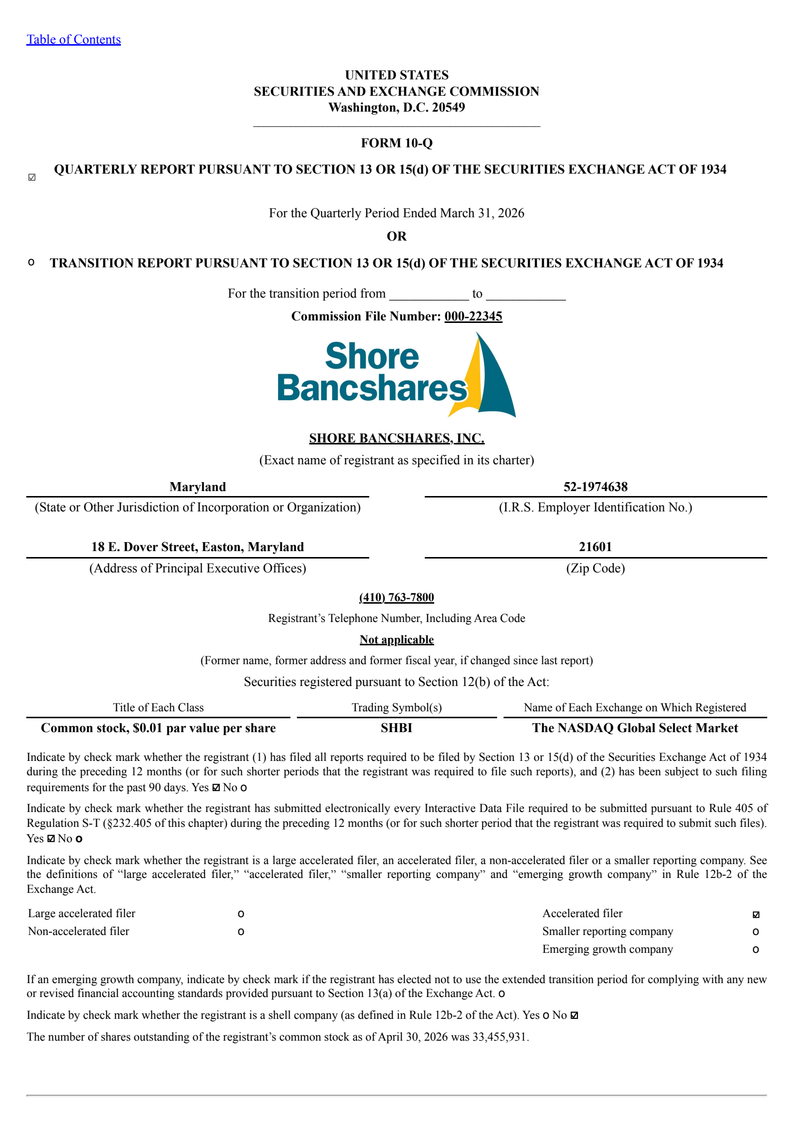 Shore Bancshares' Q1 2026 Quarterly report