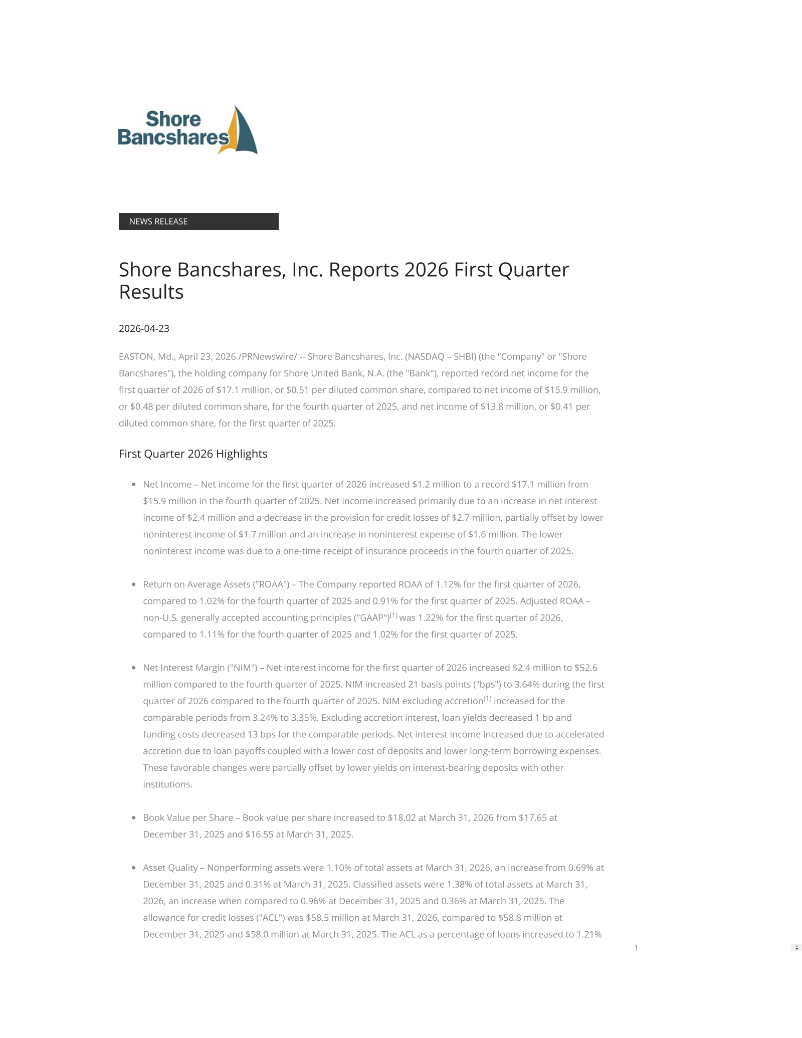 Shore Bancshares' Q1 2026 Press Release