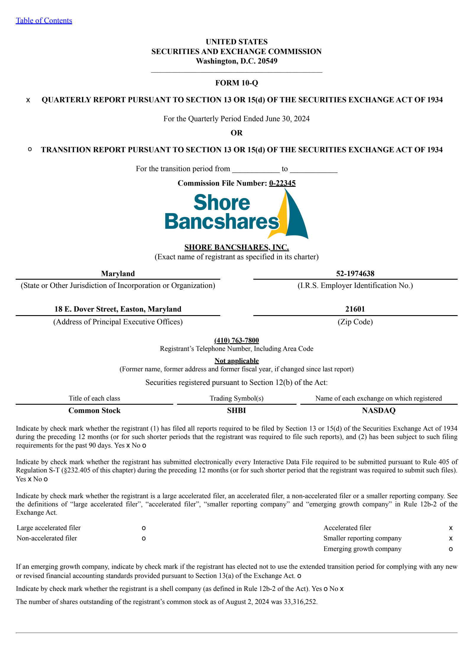 Shore Bancshares' Q2 2024 Quarterly report