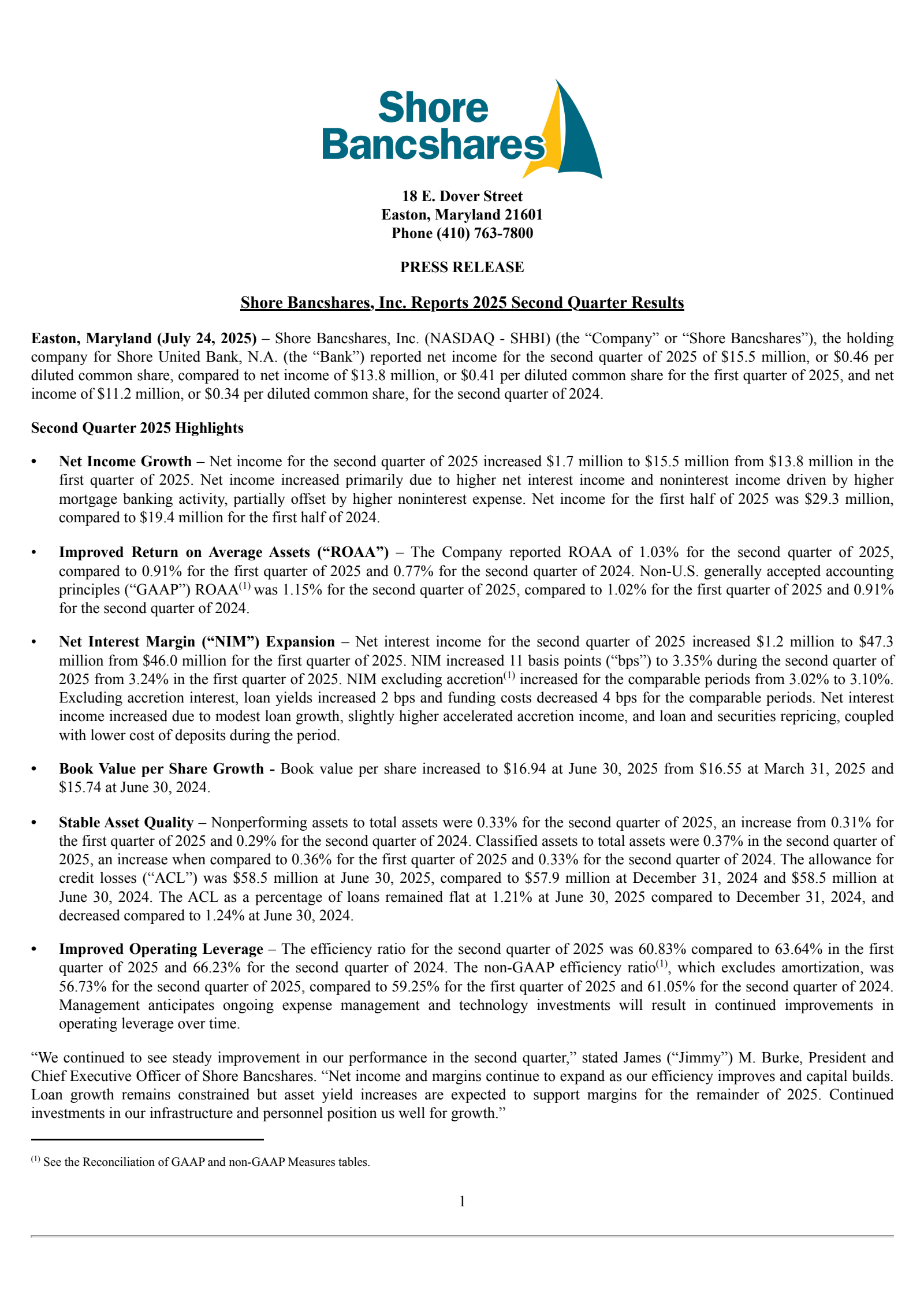 Shore Bancshares' Q2 2025 Press Release