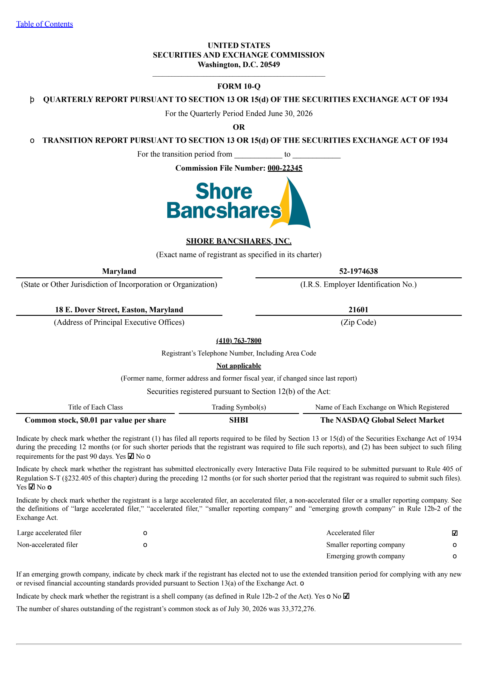Shore Bancshares' Q2 2026 Quarterly report