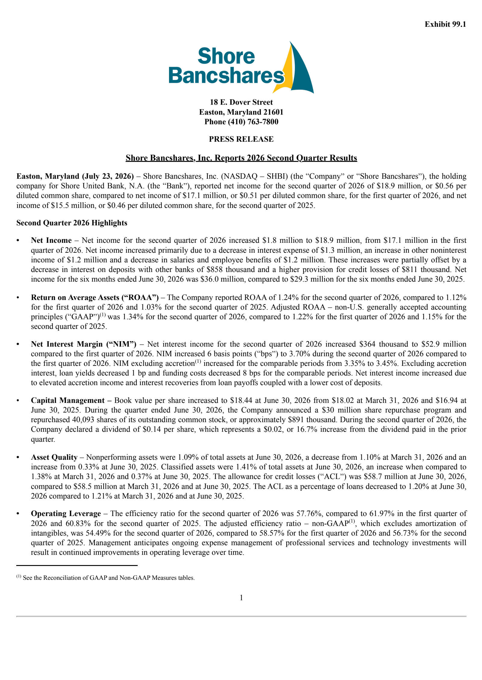 Shore Bancshares' Q2 2026 Press Release