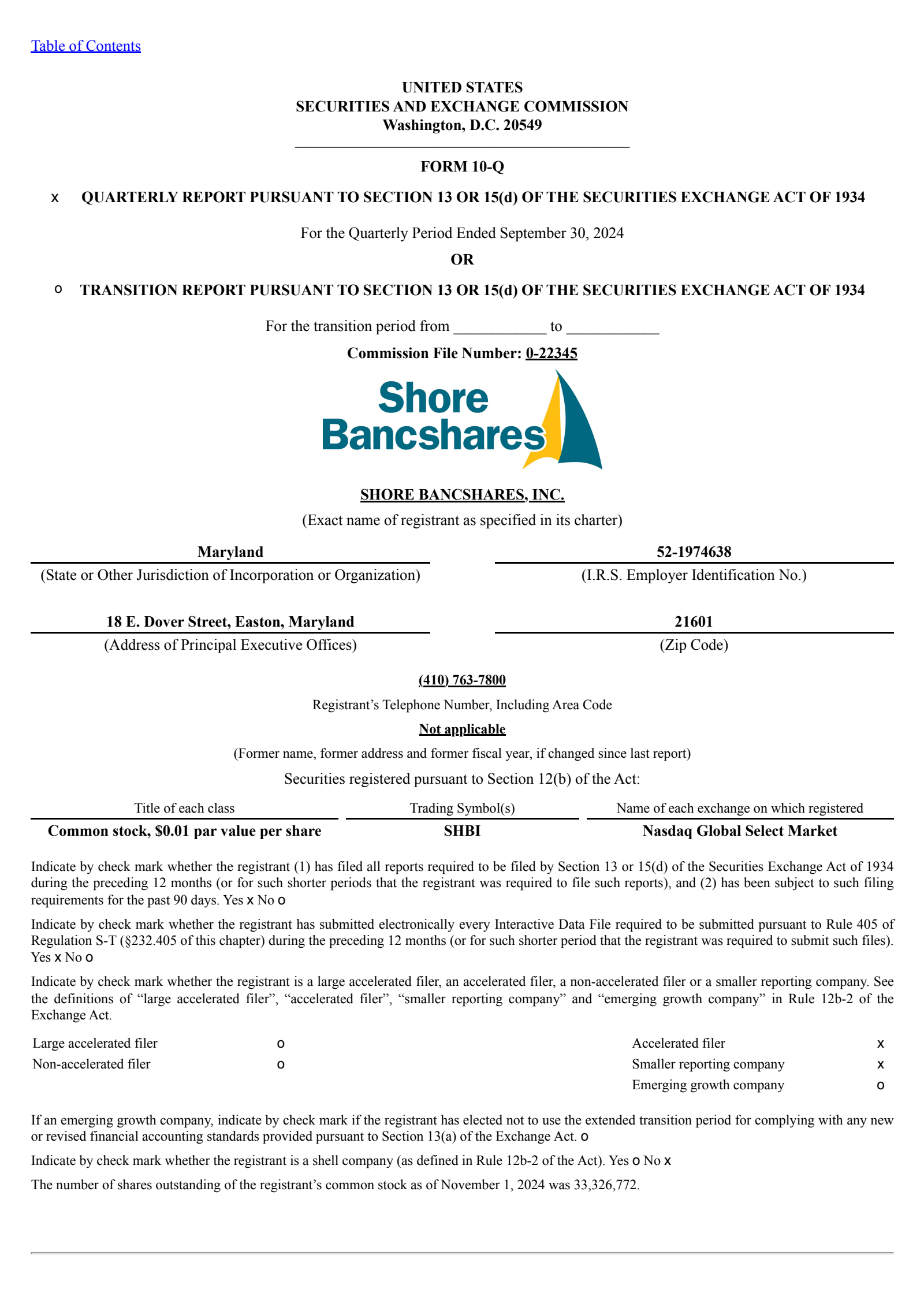 Shore Bancshares' Q3 2024 Quarterly report