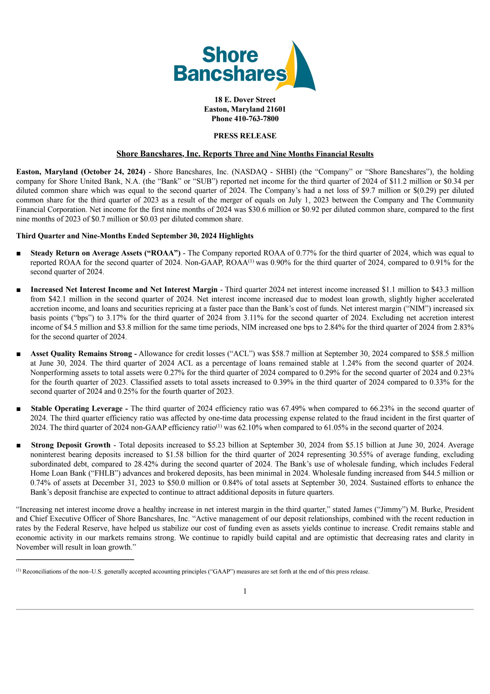 Shore Bancshares' Q3 2024 Press Release