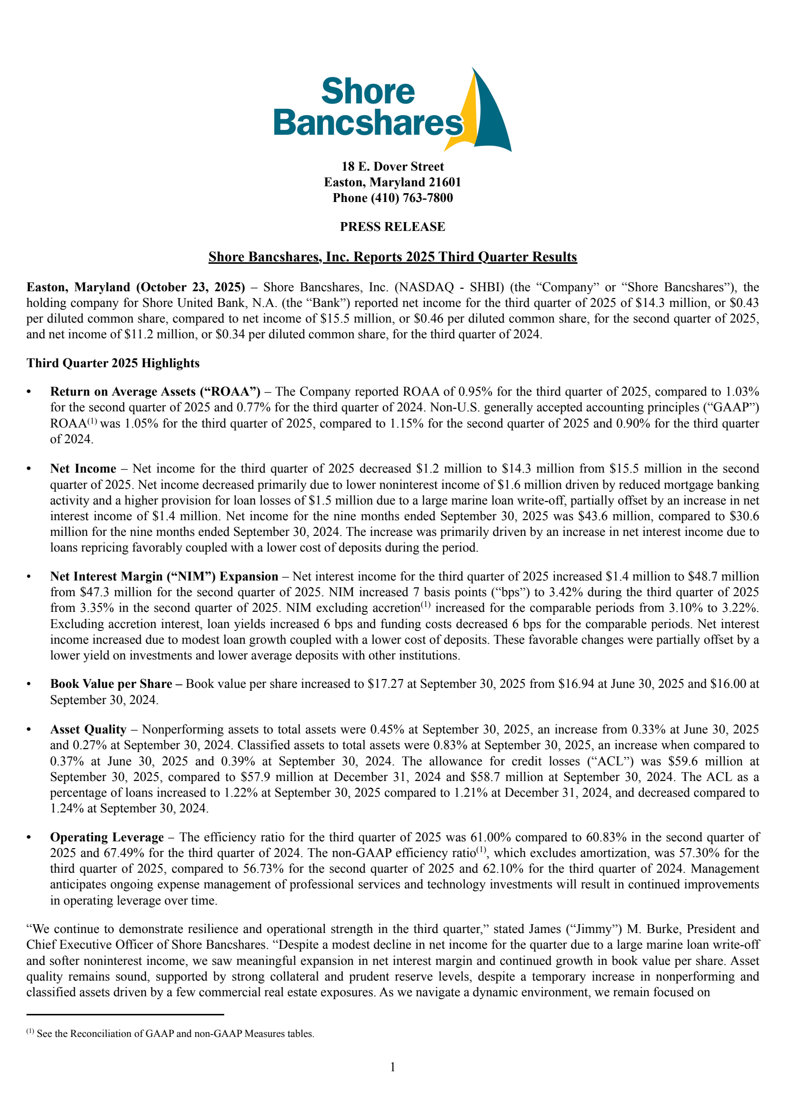 Shore Bancshares' Q3 2025 Earnings Release