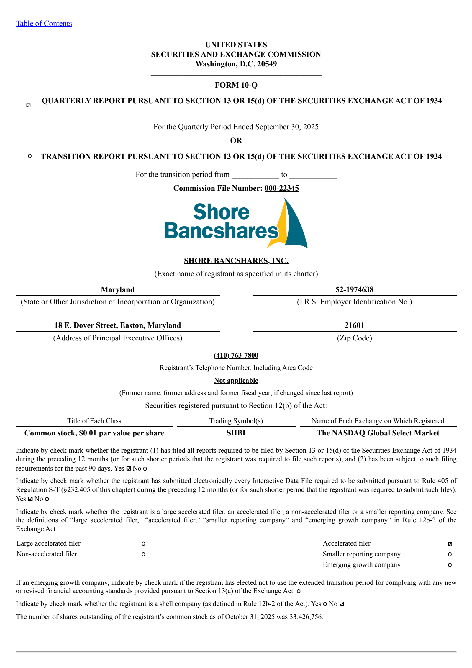 Shore Bancshares' Q3 2025 Quarterly Report