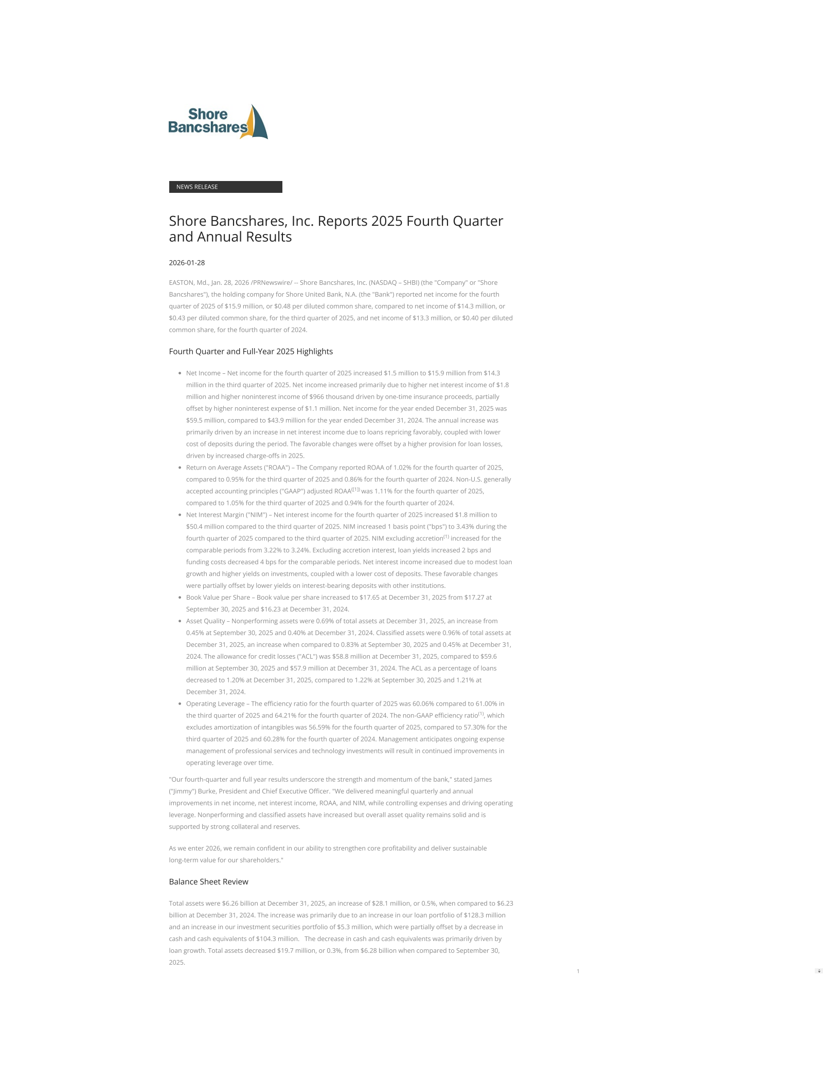 Shore Bancshares' Q4 2025 Press Release