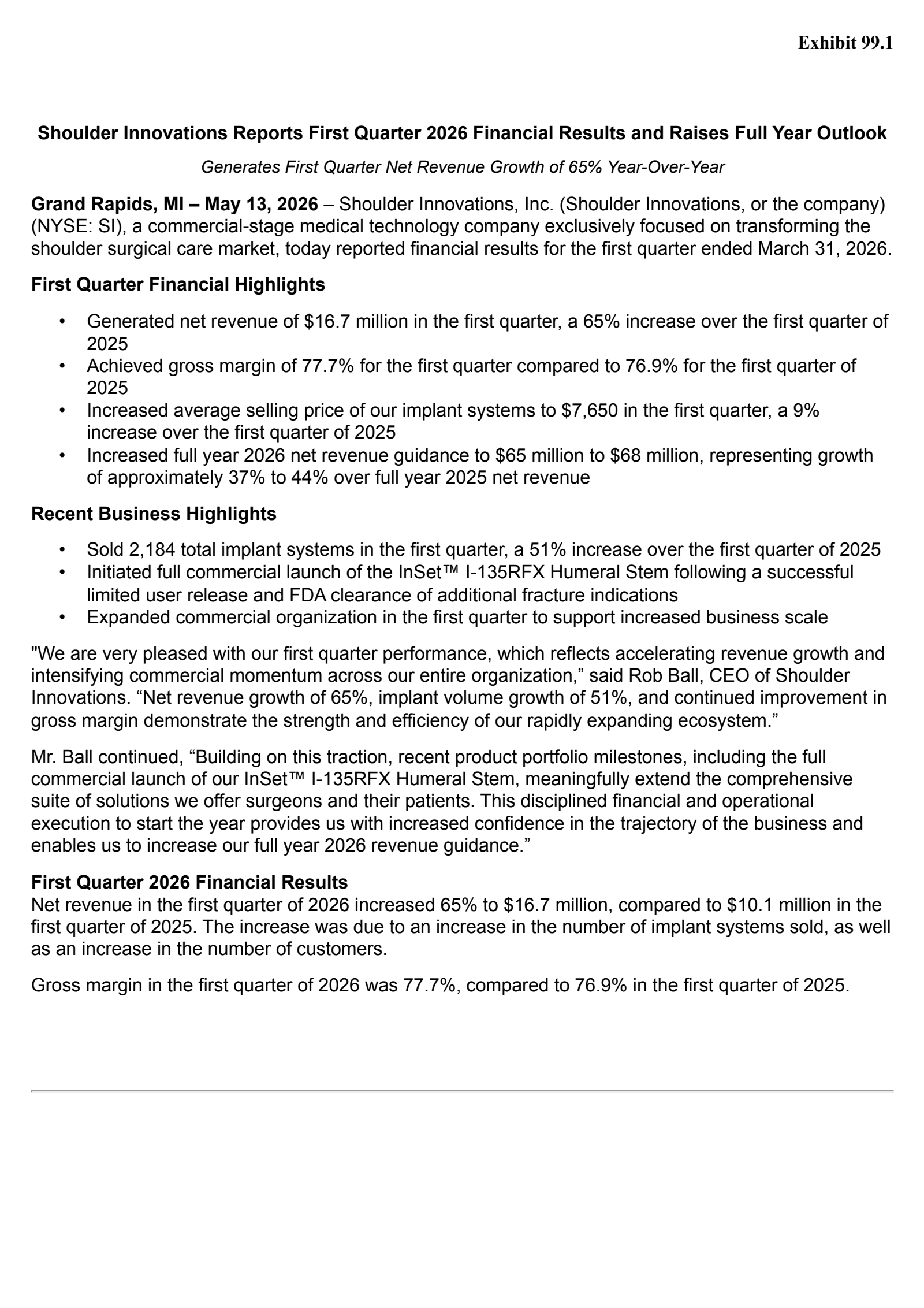 Shoulder Innovations' Q1 2026 Press Release