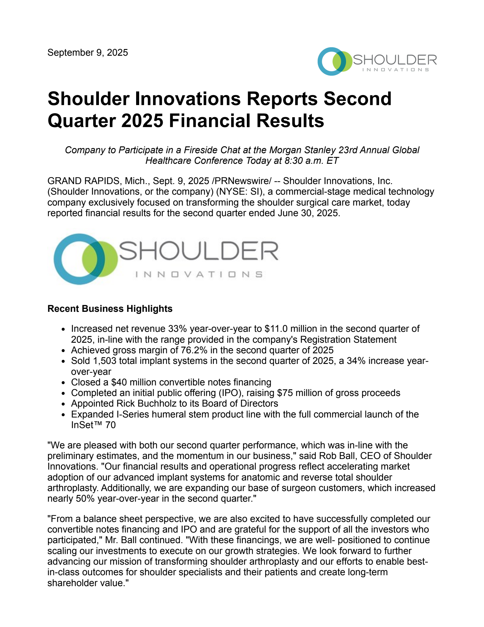Shoulder Innovations' Q2 2025 Press Release